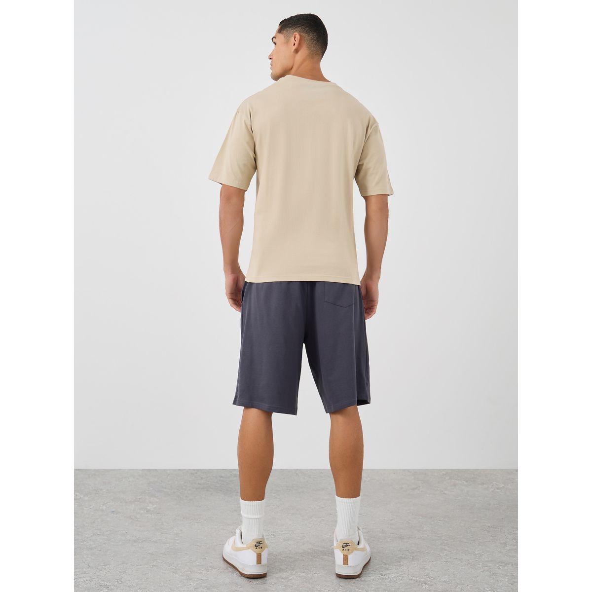 Styli Men Beige Slogan Print Oversized T-Shirt and Shorts Co-Ords-men-clothing-coordsets-image-5