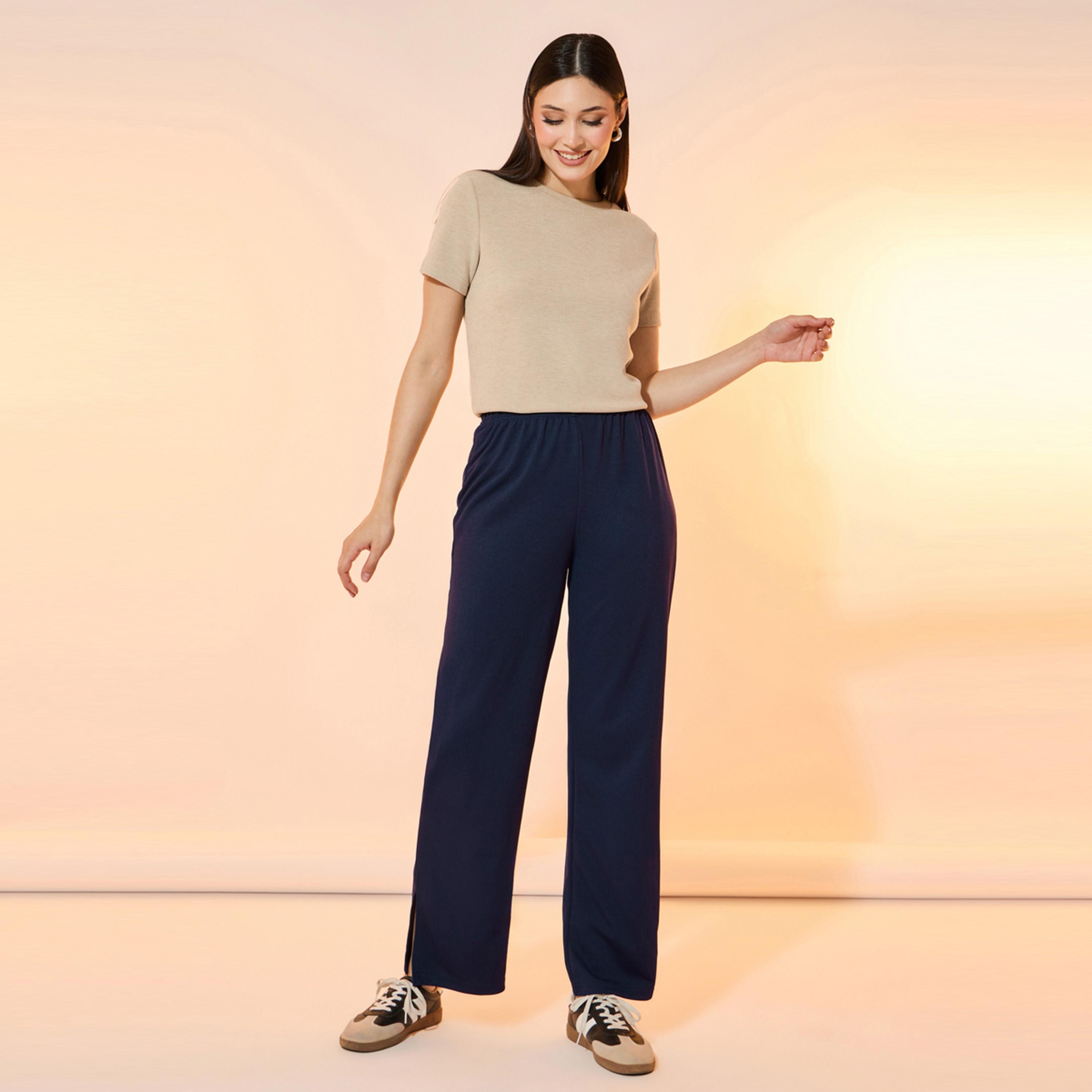 بنطال مضلع سادة بقصة مستقيمة وخصر عالي-women-clothing-bottoms-trousers-image-1