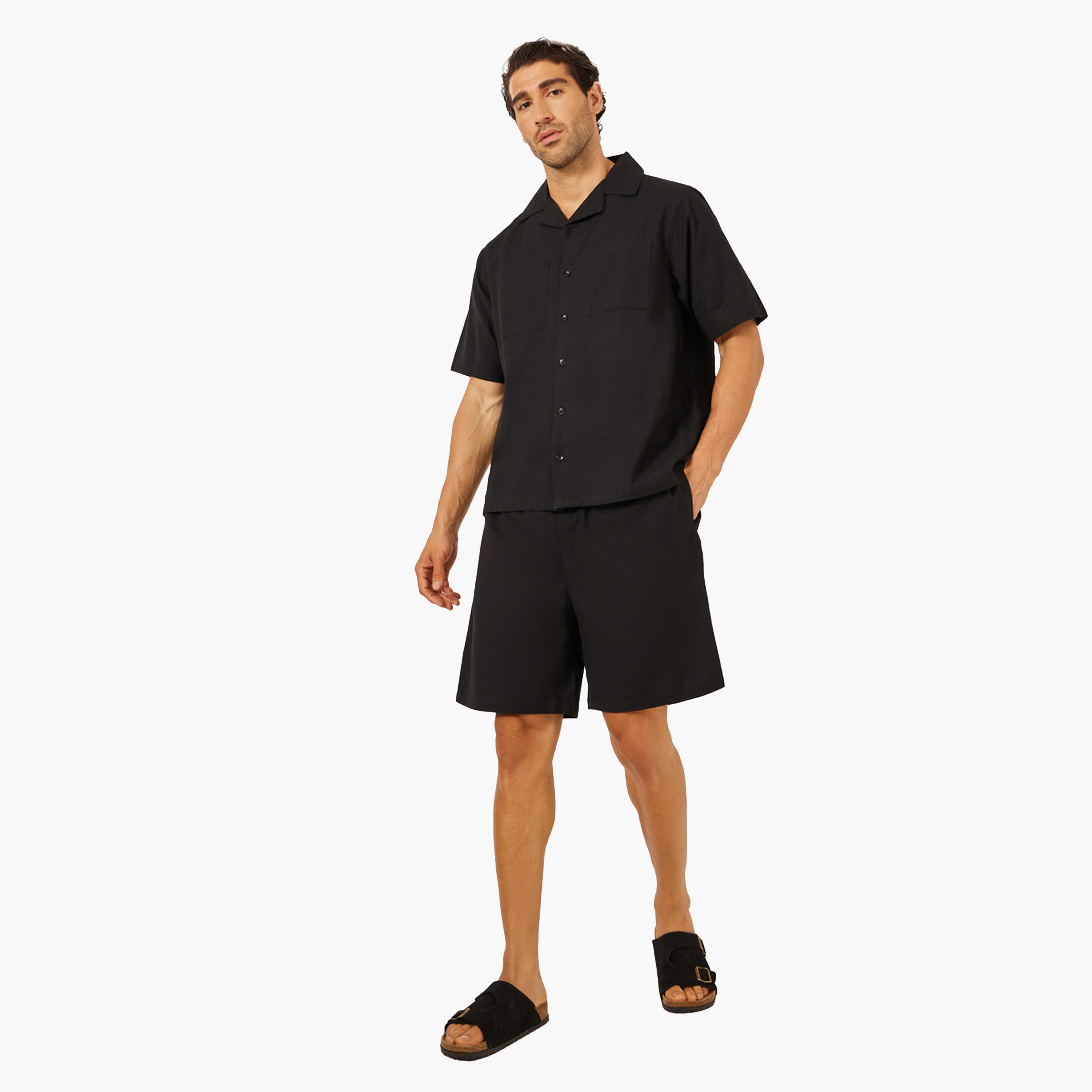 Styli Plain Linen Blend Relaxed Fit Shirt and Shorts Co-Ords-men-clothing-coordsets-image-1