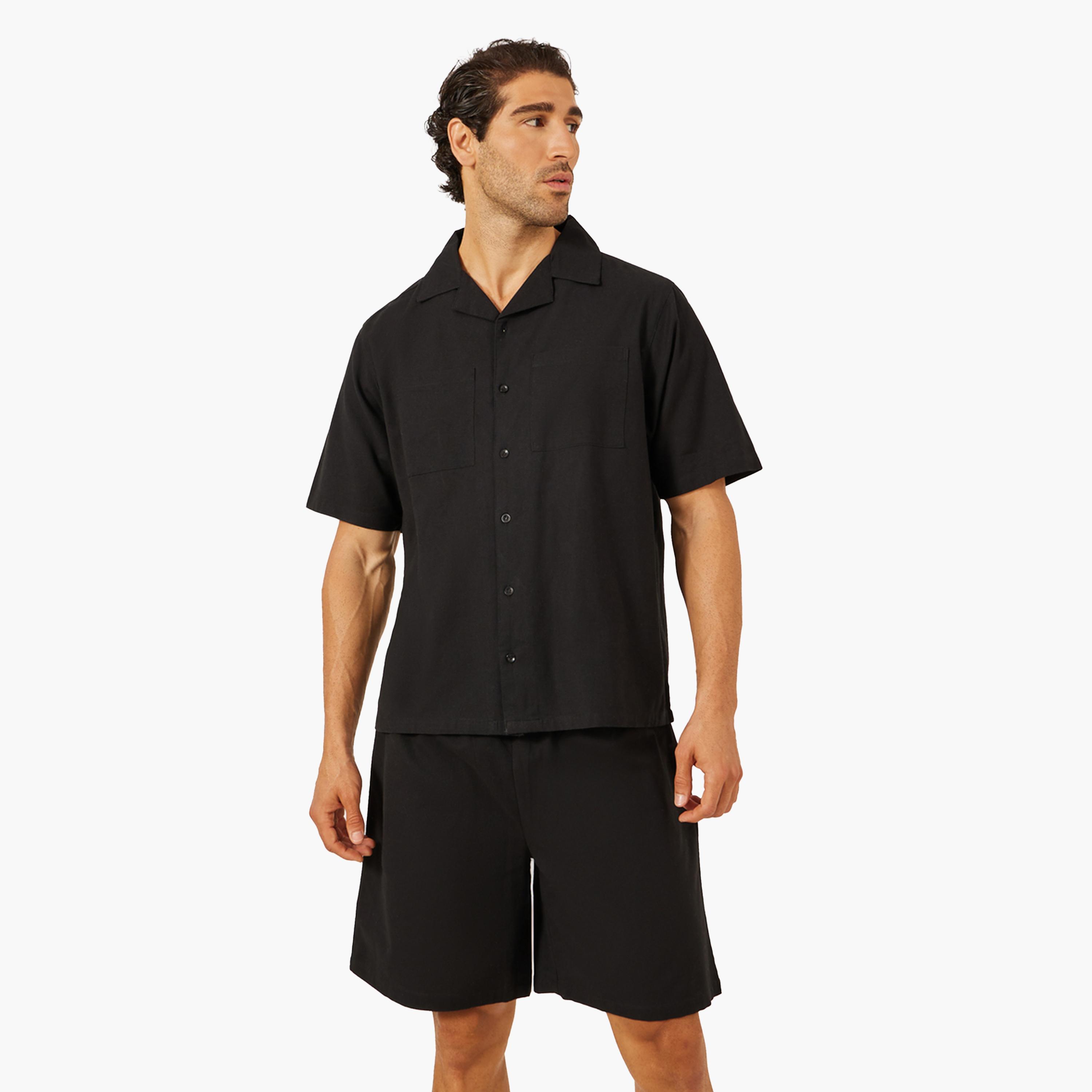 Styli Plain Linen Blend Relaxed Fit Shirt and Shorts Co-Ords-men-clothing-coordsets-image-2