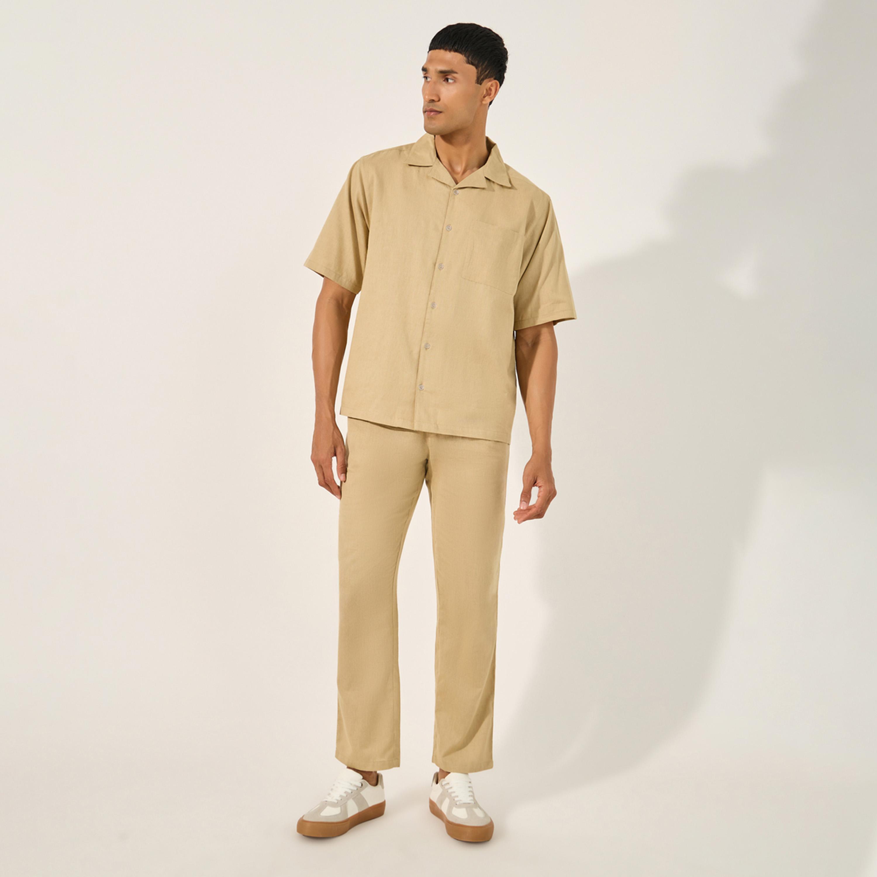 ستايلي-  طقم قميص وبنطال كتان مع جيب على الصدر-men-clothing-coordsets-image-1