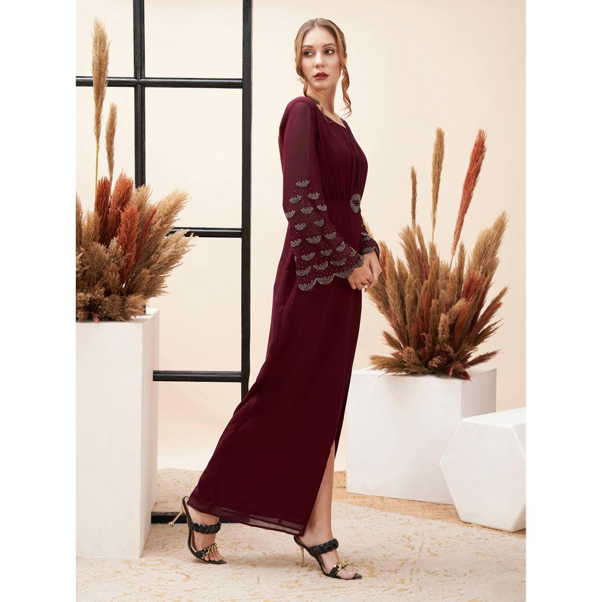 فستان طويل جيورجيت مزين بالخرز مع شق ميش × ستايلي-women-clothing-dresses-image-4