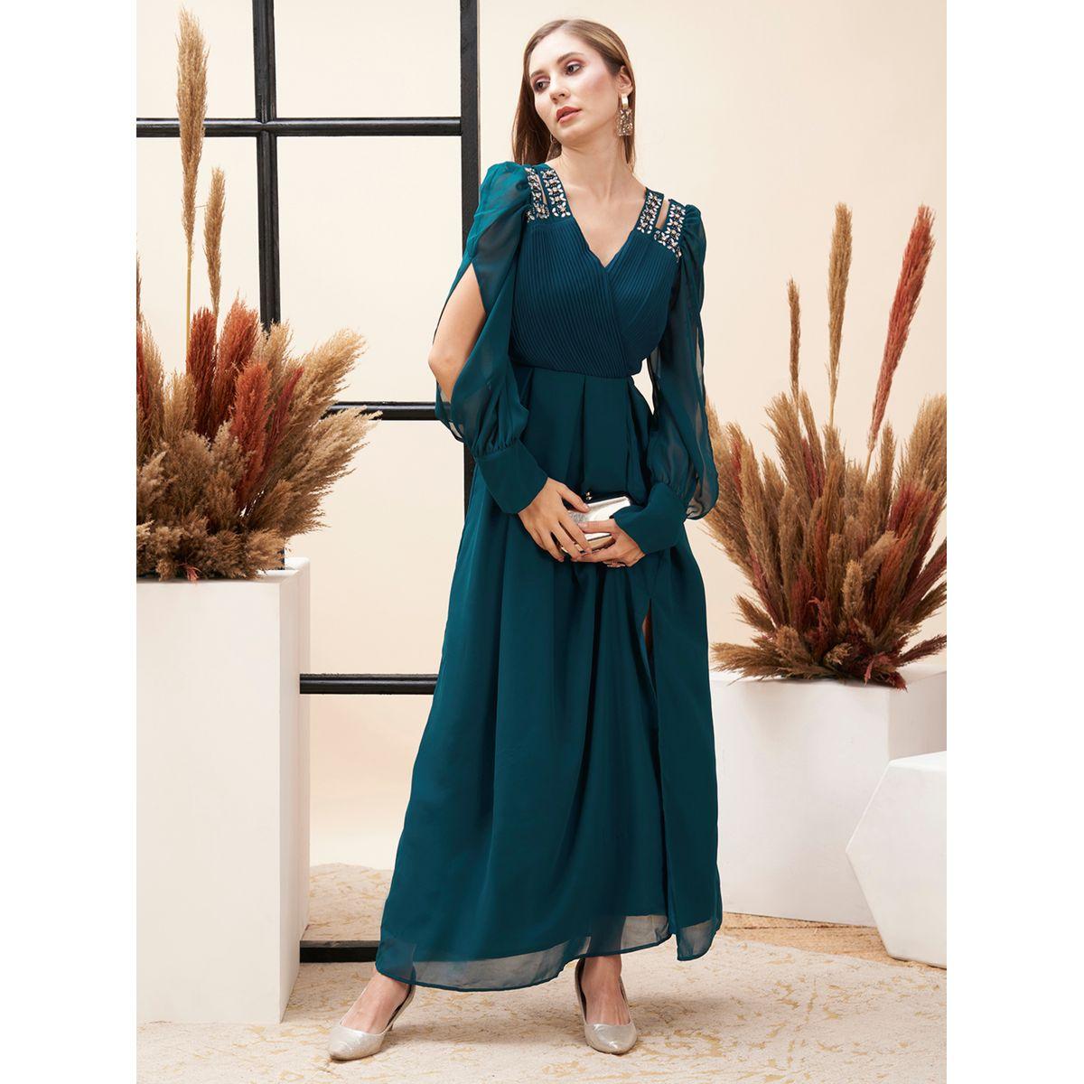 فستان طويل منمق مع تفاصيل مُفرغة ميش × ستايلي-women-clothing-dresses-image-1