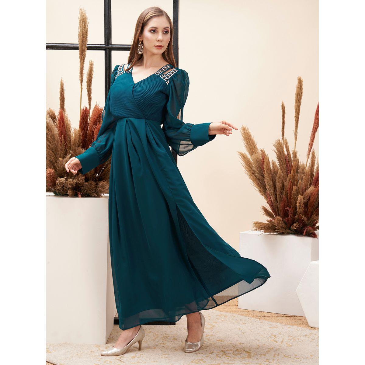 فستان طويل منمق مع تفاصيل مُفرغة ميش × ستايلي-women-clothing-dresses-image-3