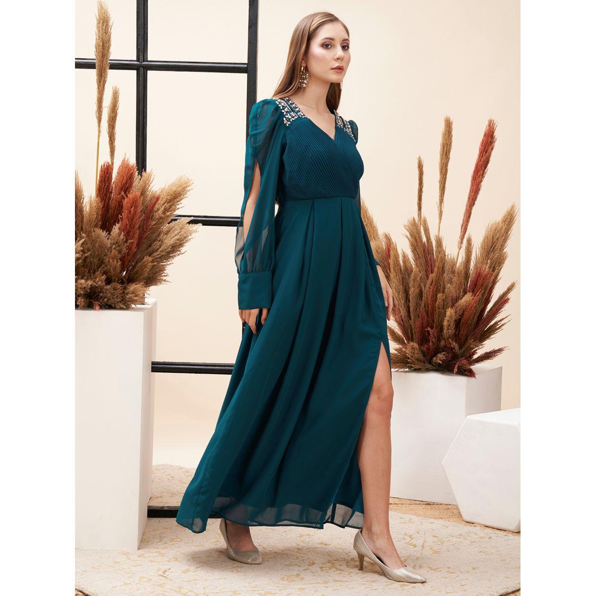 فستان طويل منمق مع تفاصيل مُفرغة ميش × ستايلي-women-clothing-dresses-image-4