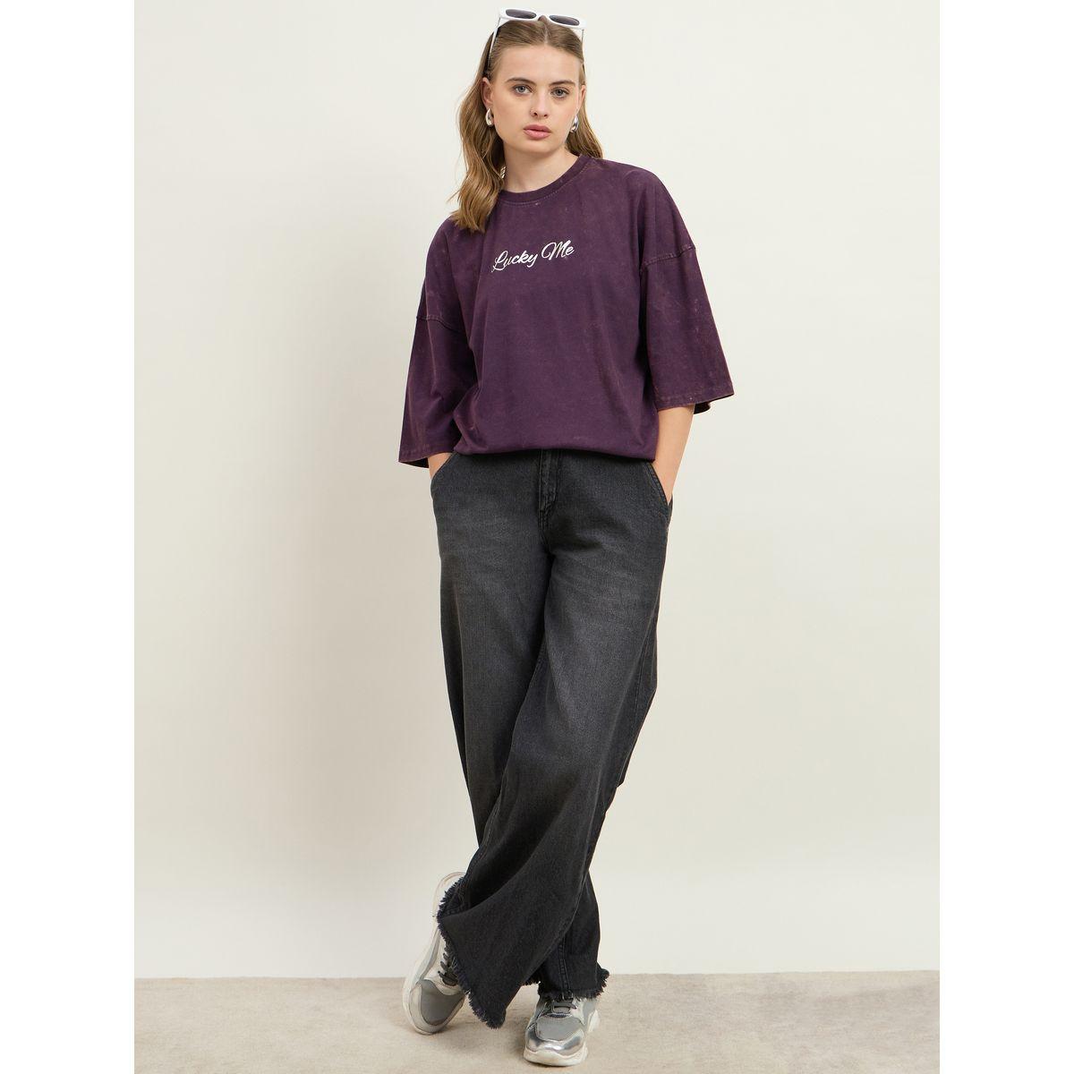 Styli Acid Washed Lucky Me Slogan Foil Print Exaggerated Shoulder Oversized T-Shirt-women-clothing-tshirts-image-1