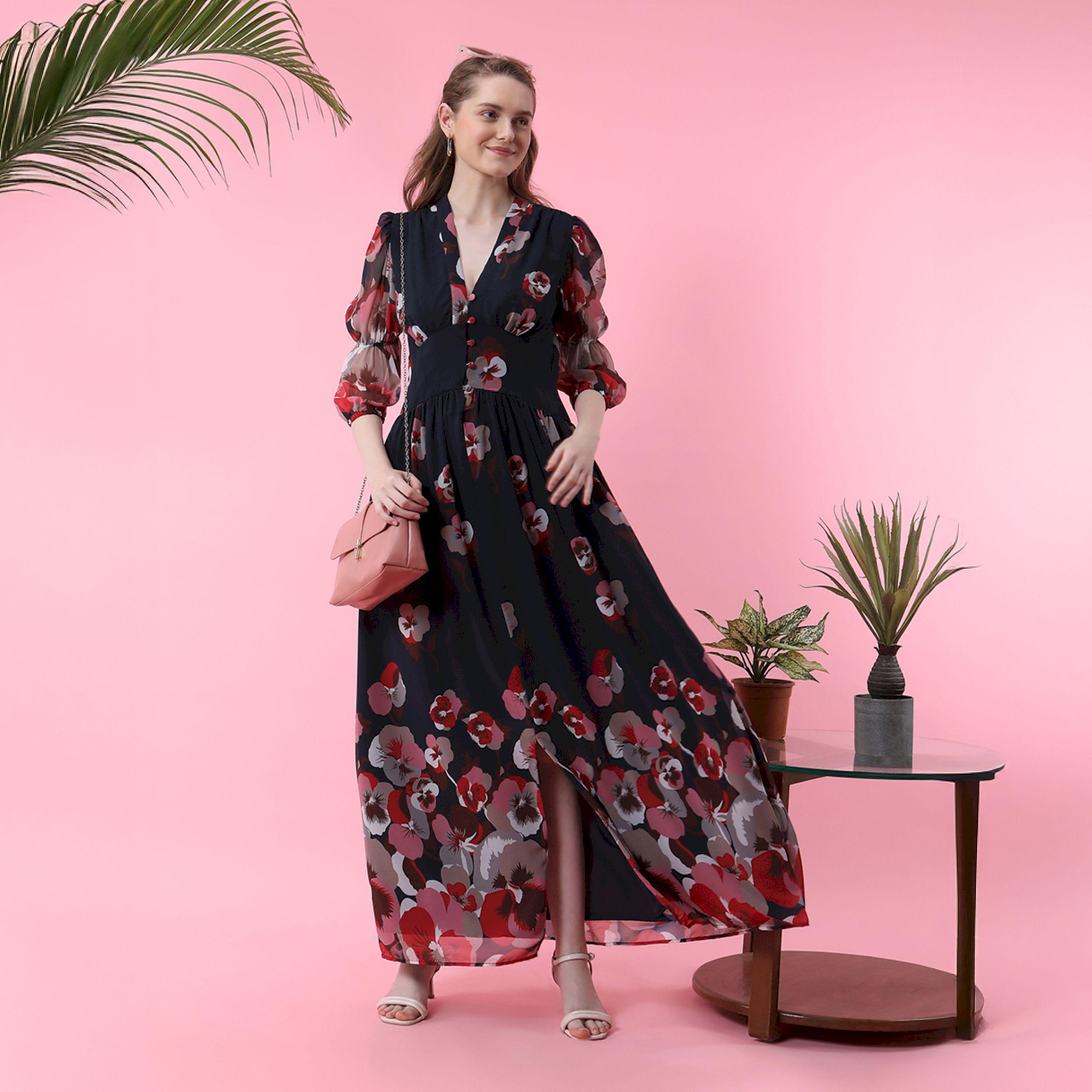 فستان طويل مطبع بزهور وحافة غير متماثلة الطول ميش × ستايلي-women-clothing-dresses-image-1
