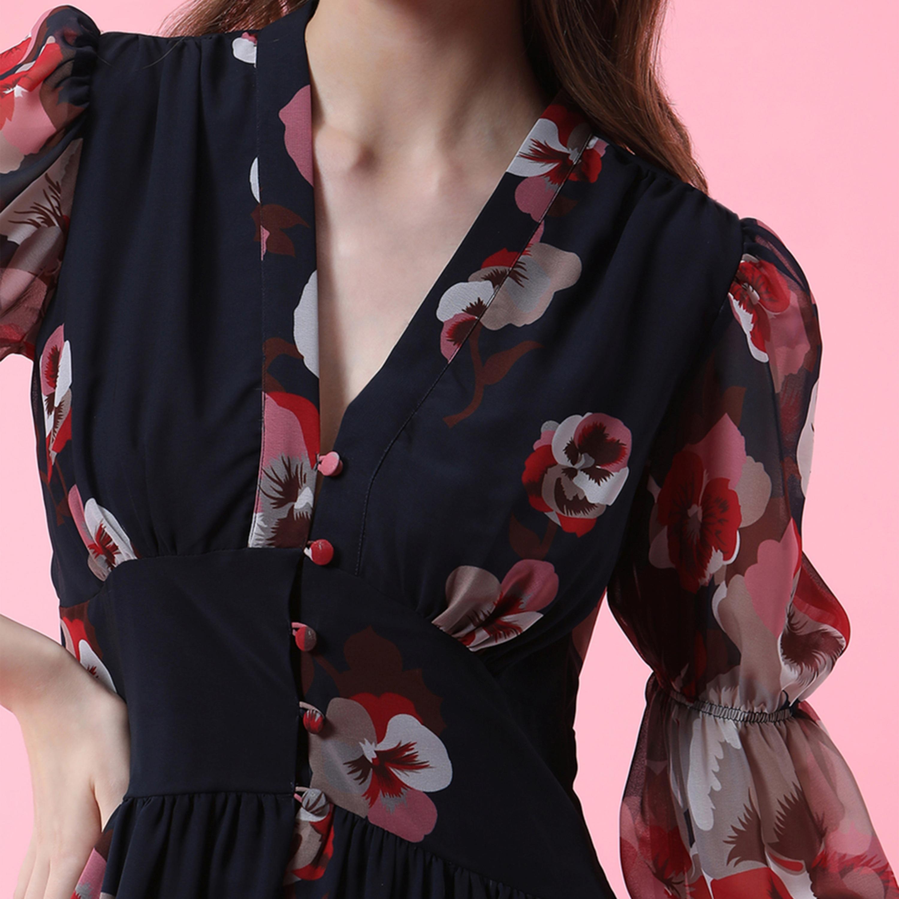 فستان طويل مطبع بزهور وحافة غير متماثلة الطول ميش × ستايلي-women-clothing-dresses-image-2