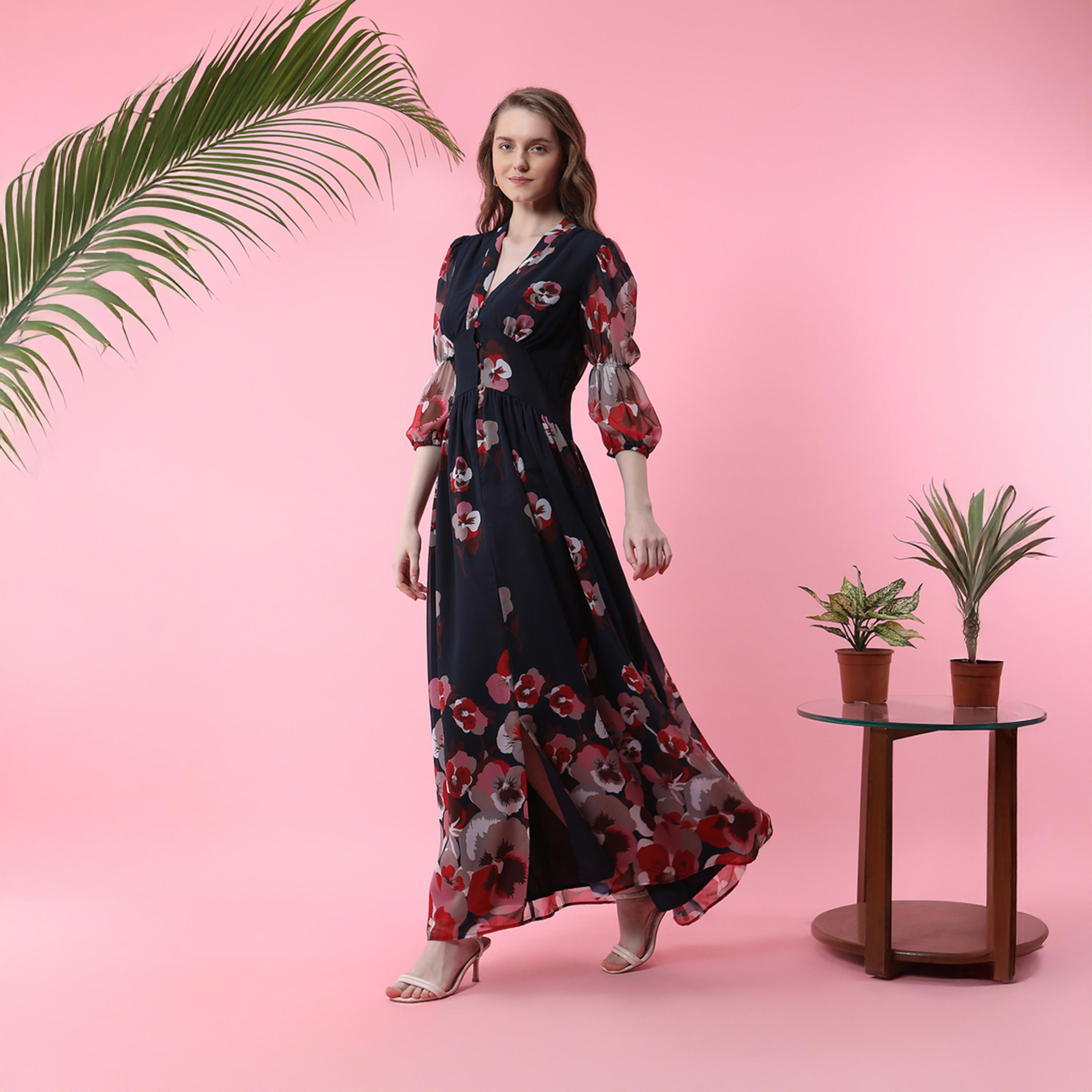 فستان طويل مطبع بزهور وحافة غير متماثلة الطول ميش × ستايلي-women-clothing-dresses-image-3