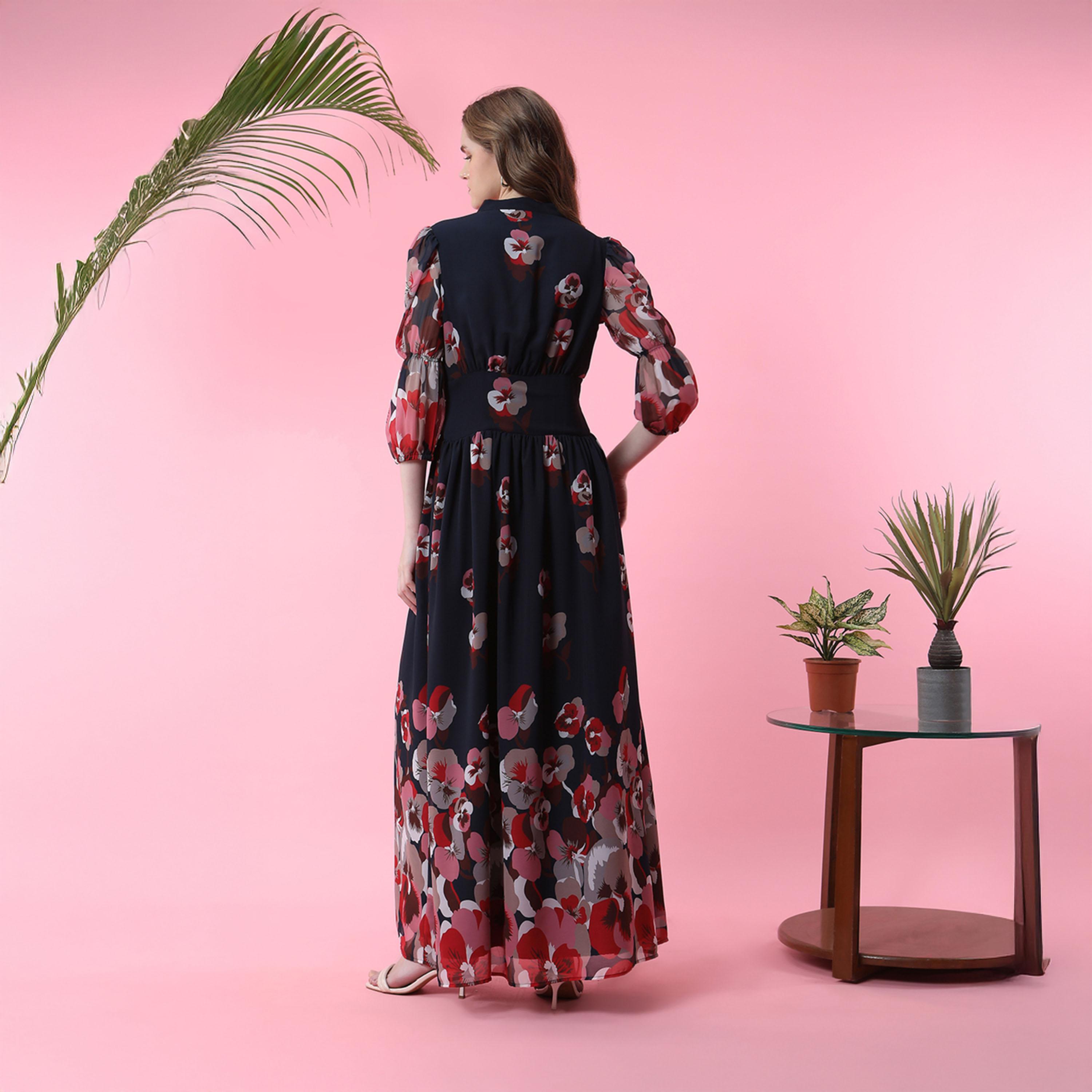 فستان طويل مطبع بزهور وحافة غير متماثلة الطول ميش × ستايلي-women-clothing-dresses-image-4