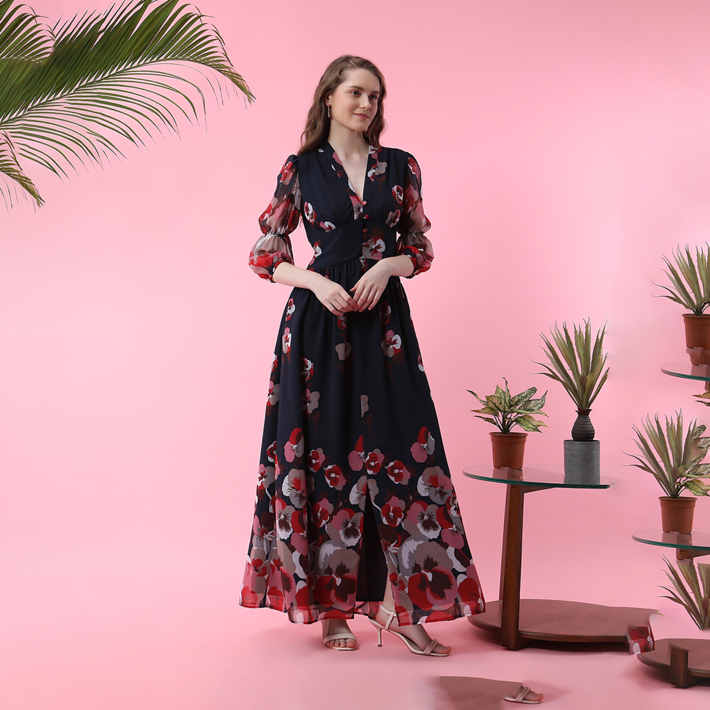 فستان طويل مطبع بزهور وحافة غير متماثلة الطول ميش × ستايلي-women-clothing-dresses-image-5
