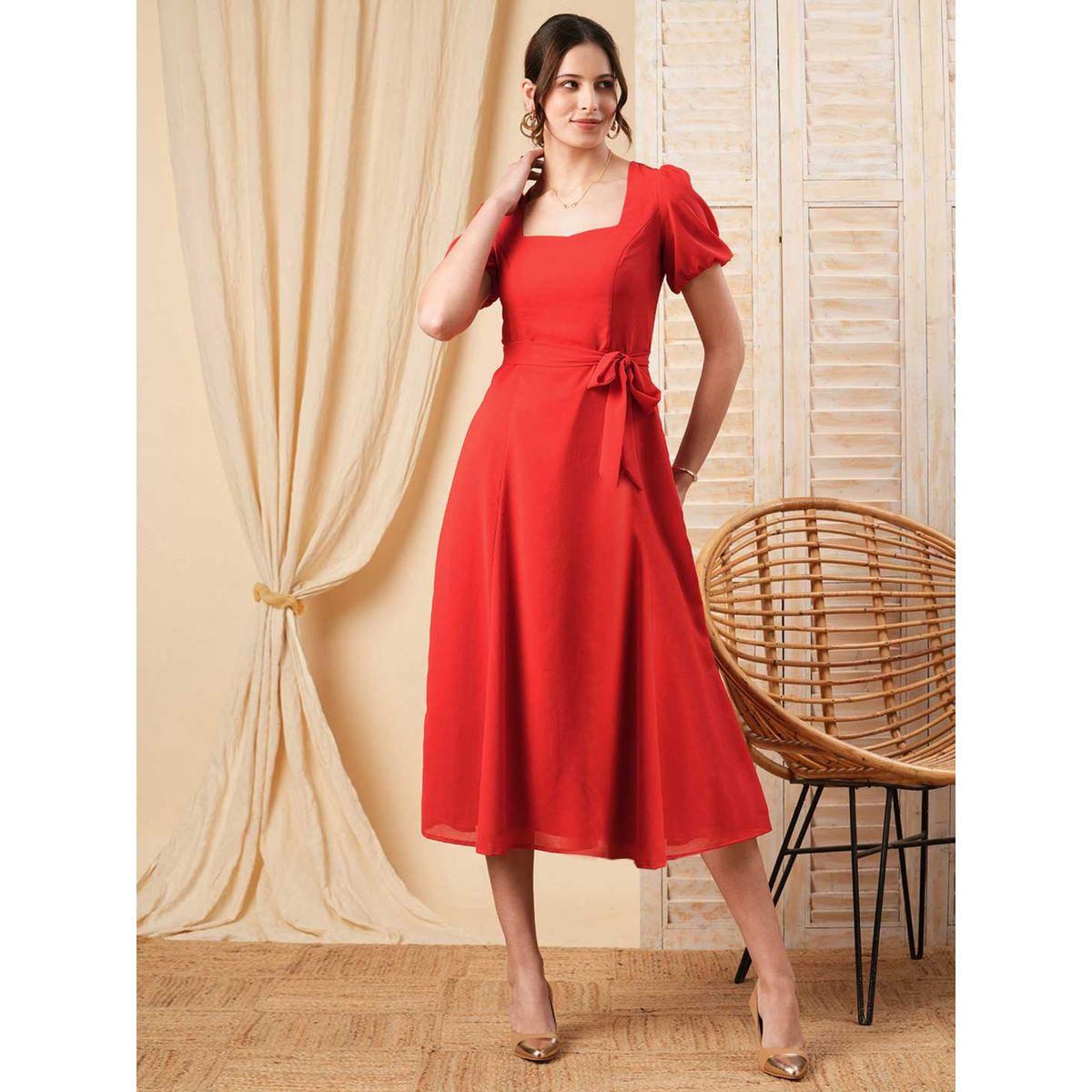 Mish X Styli  Square Neck Selft Tie Belt A-Line Midi Dress-women-clothing-dresses-image-1