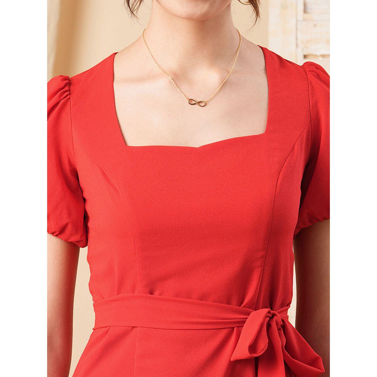 Mish X Styli  Square Neck Selft Tie Belt A-Line Midi Dress-women-clothing-dresses-image-2