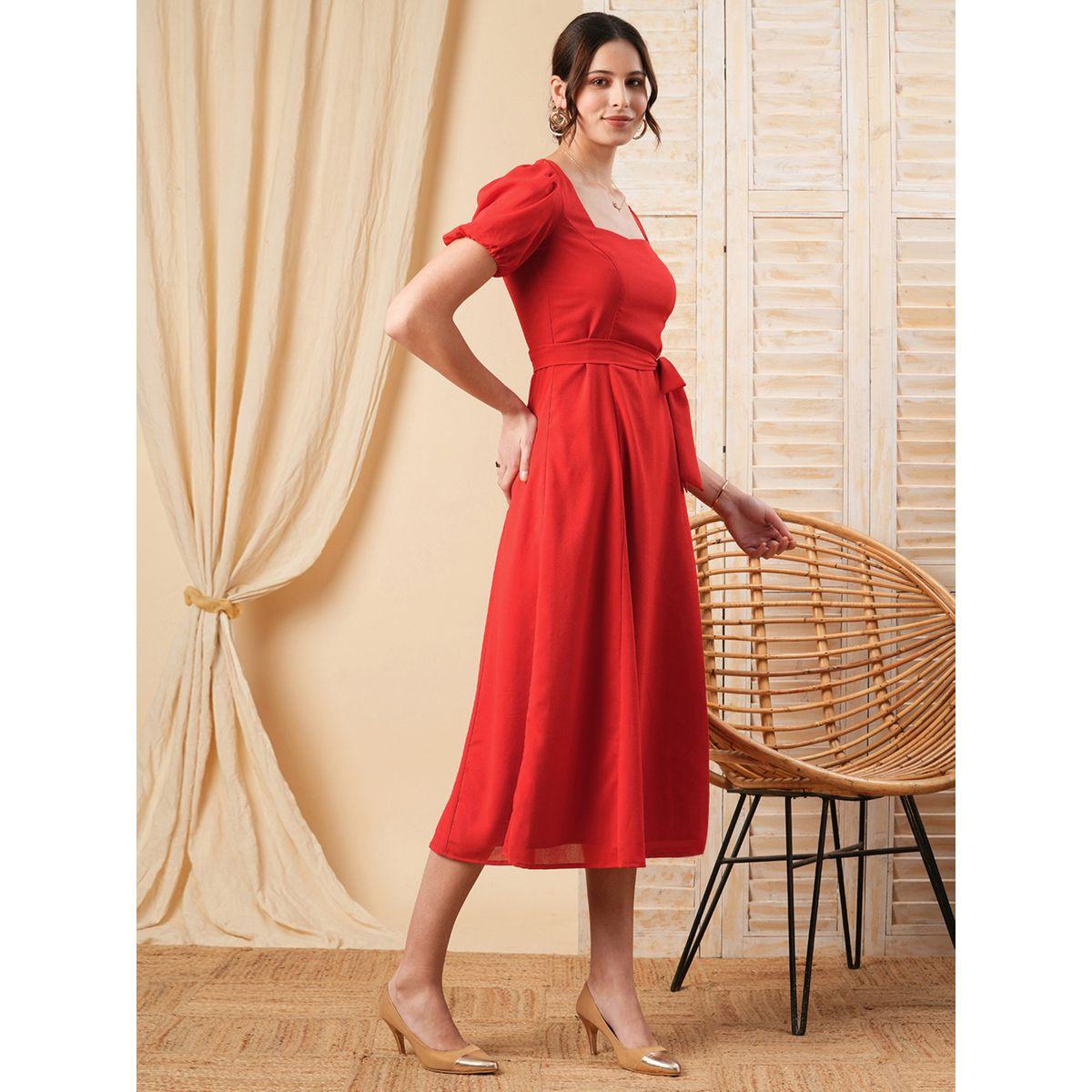 Mish X Styli  Square Neck Selft Tie Belt A-Line Midi Dress-women-clothing-dresses-image-3
