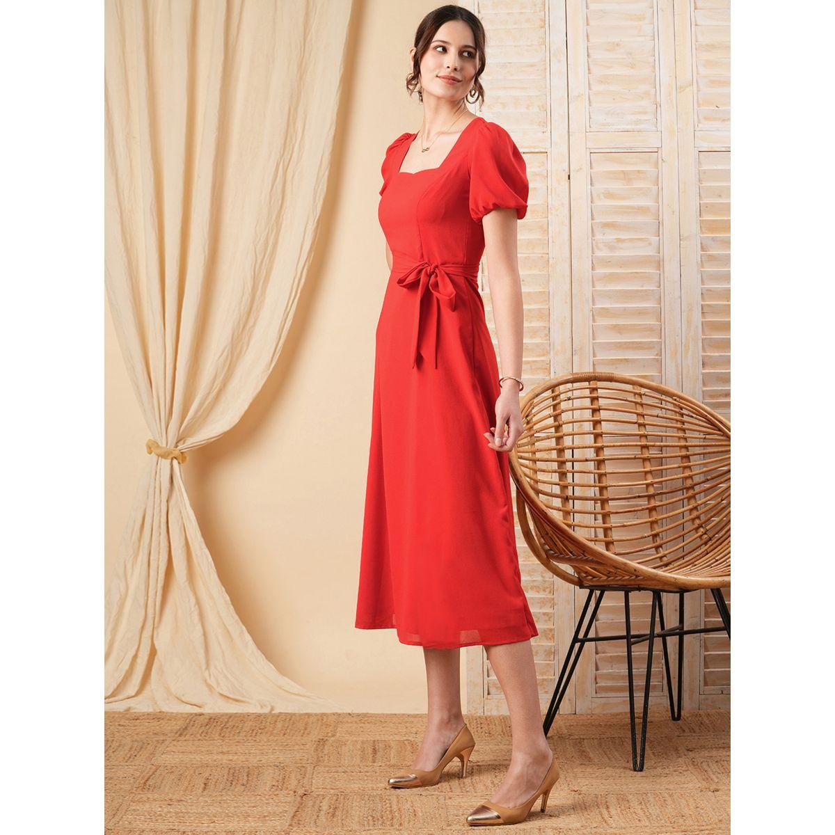 Mish X Styli  Square Neck Selft Tie Belt A-Line Midi Dress-women-clothing-dresses-image-4