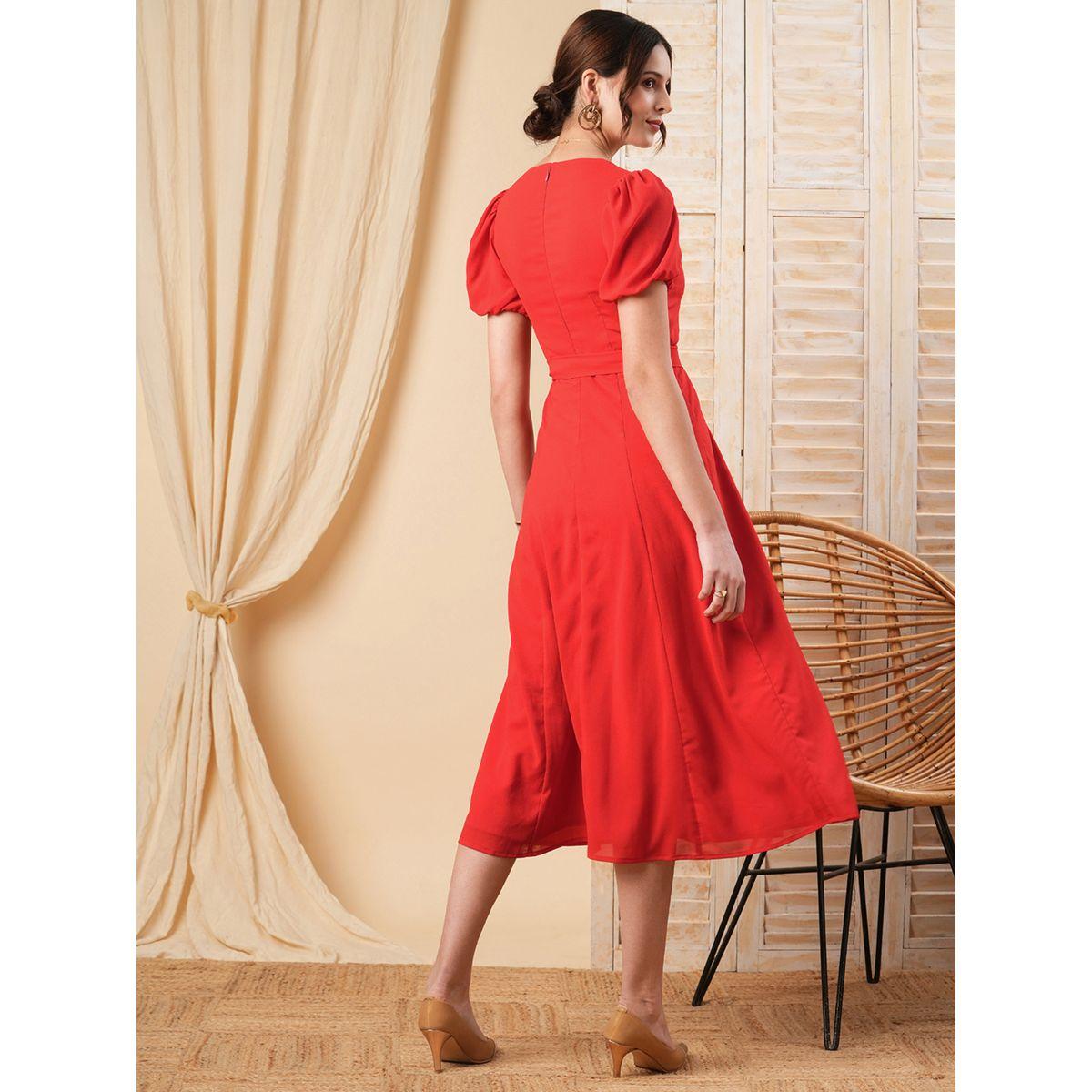 Mish X Styli  Square Neck Selft Tie Belt A-Line Midi Dress-women-clothing-dresses-image-5