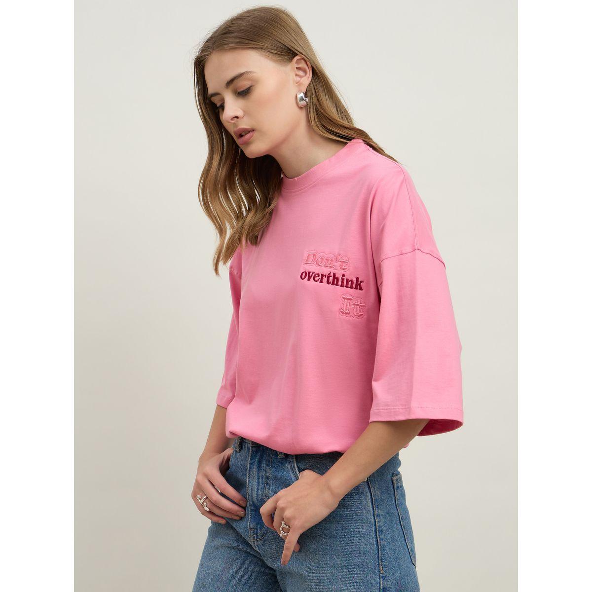 Styli Women Pink Slogan Embroidered Dropped Shoulder Oversized T-Shirt-women-clothing-tshirts-image-3