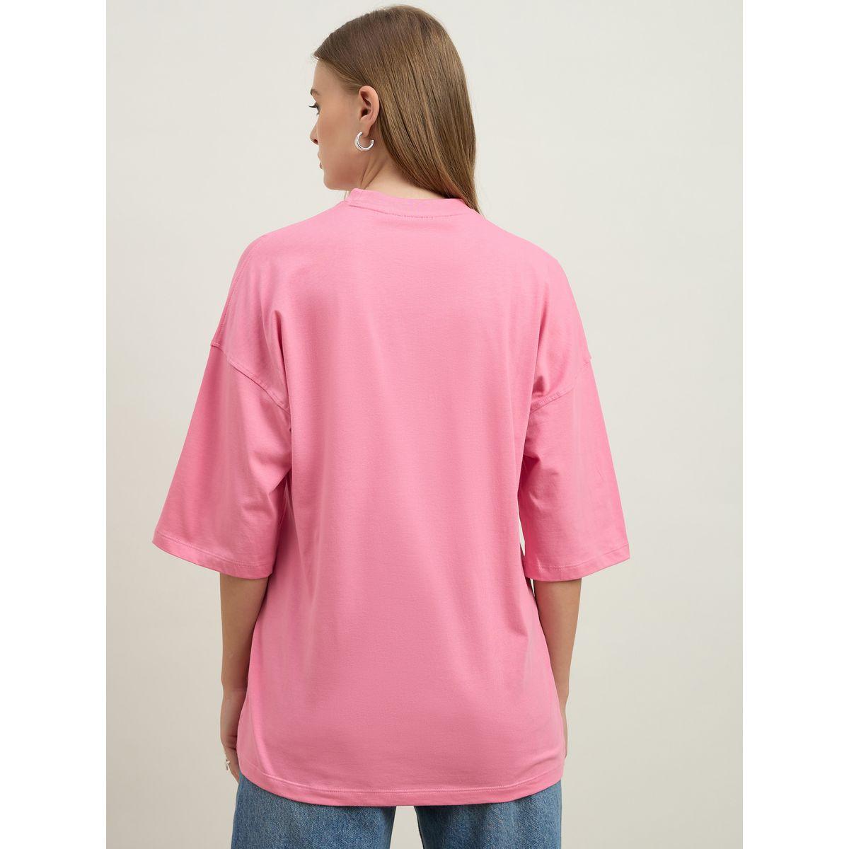 Styli Women Pink Slogan Embroidered Dropped Shoulder Oversized T-Shirt-women-clothing-tshirts-image-5