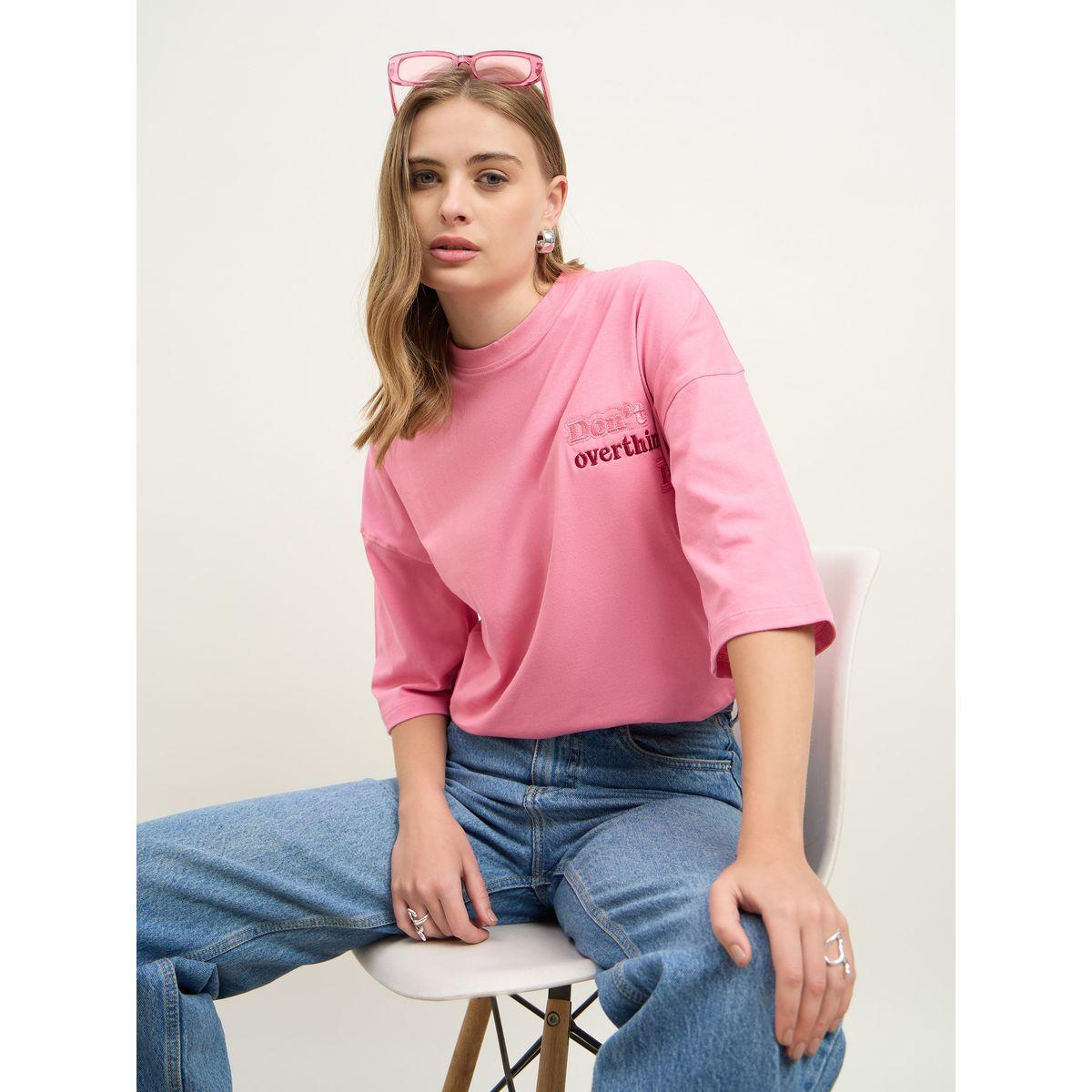 Styli Women Pink Slogan Embroidered Dropped Shoulder Oversized T-Shirt-women-clothing-tshirts-image-6