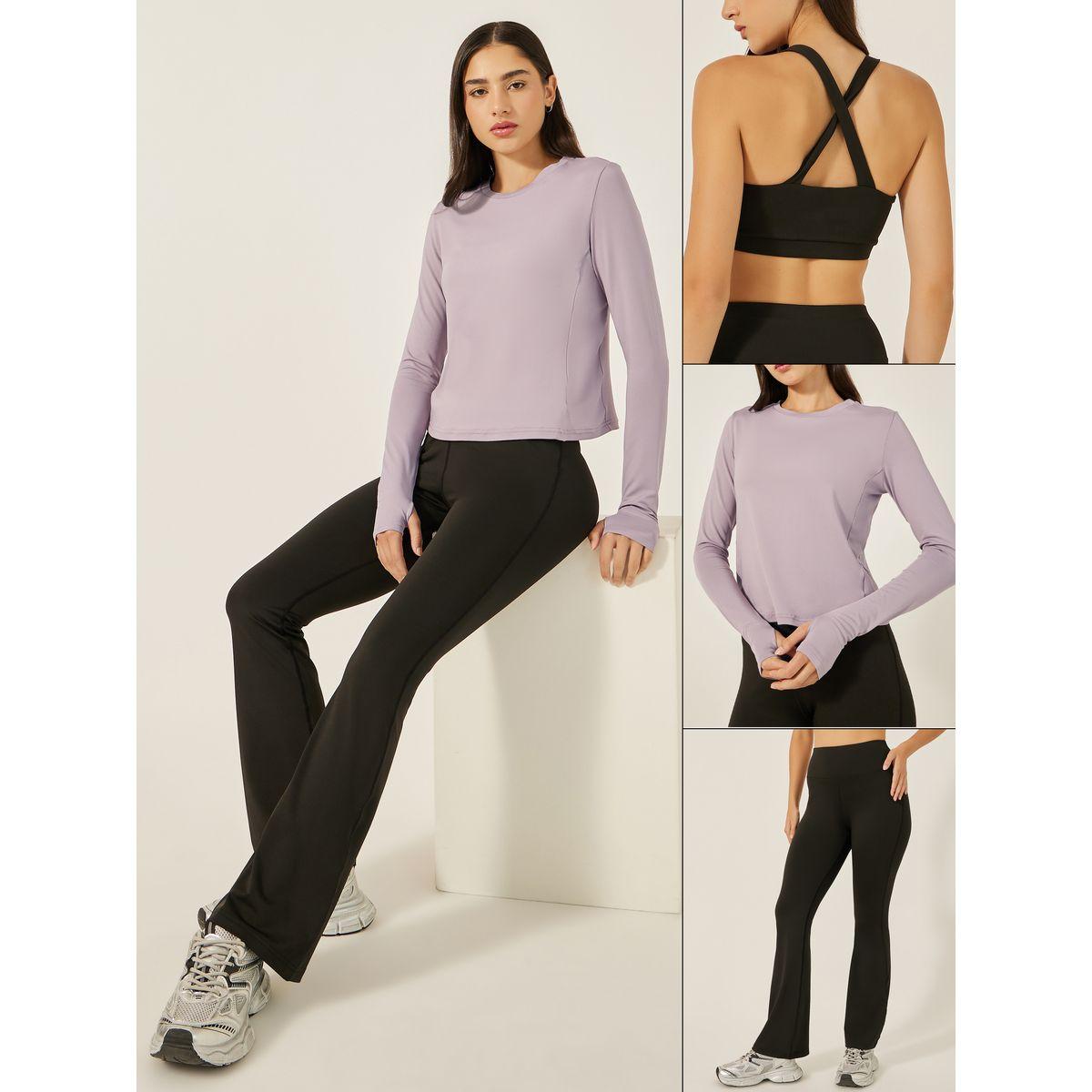 Pack of 3 - Multi Cross Back Padded Sports Bra, Panelled Top and Flared Leggings-women-clothing-sportswearandactivewear-trackpantsandtracksuits-image-1