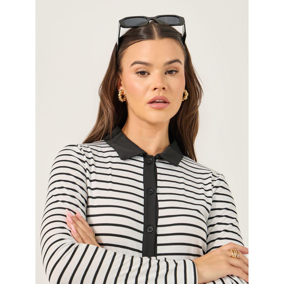 Styli Striped Knit Top with Contrast Collar Detail-women-clothing-shirtsandblouses-blouses-image-4