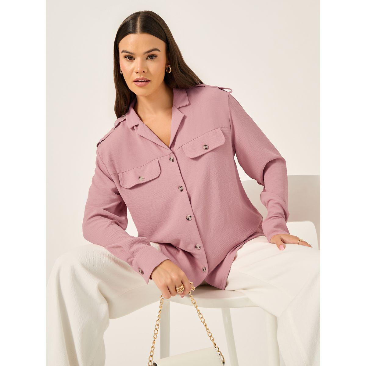 Styli Oversized Notch Collar Longline Shirt with Pocket Detail-women-clothing-shirtsandblouses-shirts-image-1