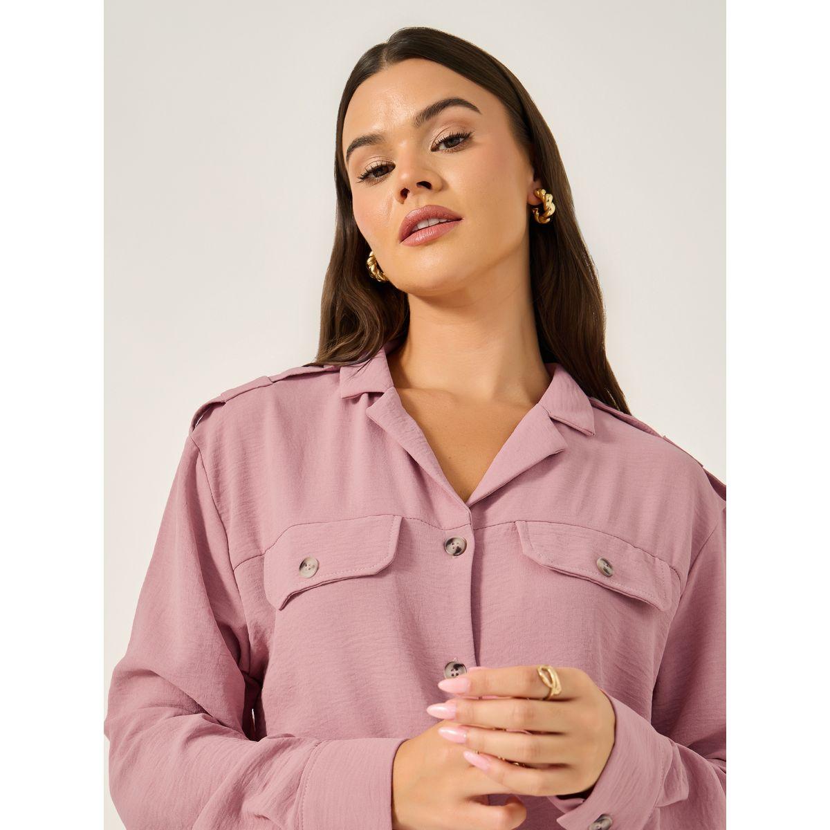 Styli Oversized Notch Collar Longline Shirt with Pocket Detail-women-clothing-shirtsandblouses-shirts-image-4