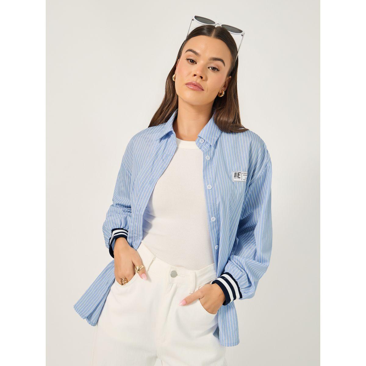 Styli Oversized Striped Collared Shirt with Patch Detail-women-clothing-shirtsandblouses-shirts-image-1