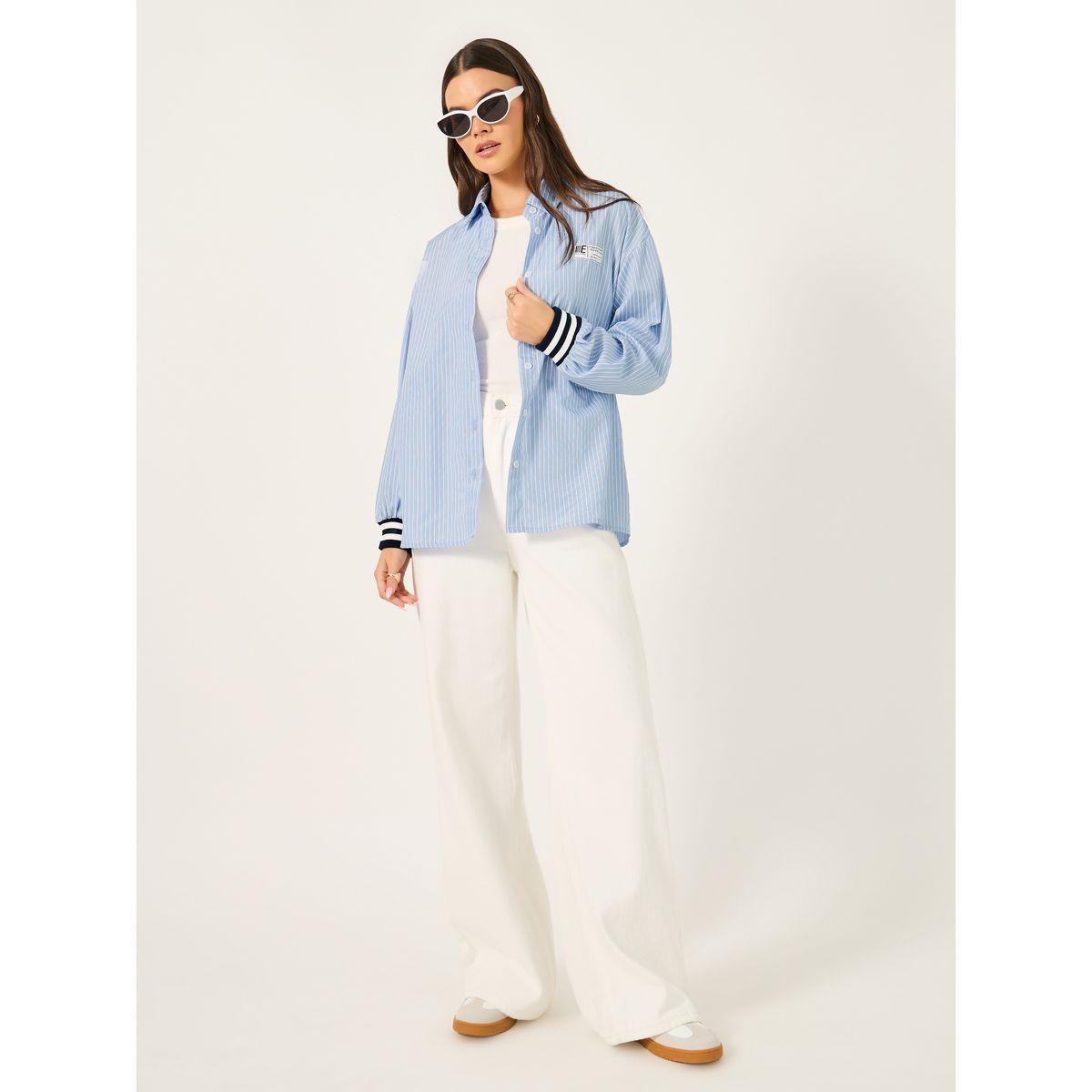 Styli Oversized Striped Collared Shirt with Patch Detail-women-clothing-shirtsandblouses-shirts-image-2
