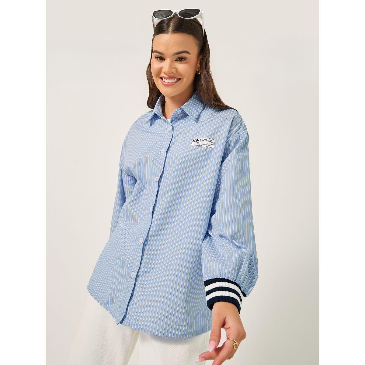 Styli Oversized Striped Collared Shirt with Patch Detail-women-clothing-shirtsandblouses-shirts-image-3