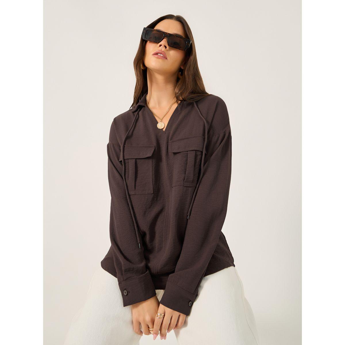 Styli Solid V Neck Blouse with Utility Pockets Detail-women-clothing-shirtsandblouses-blouses-image-1