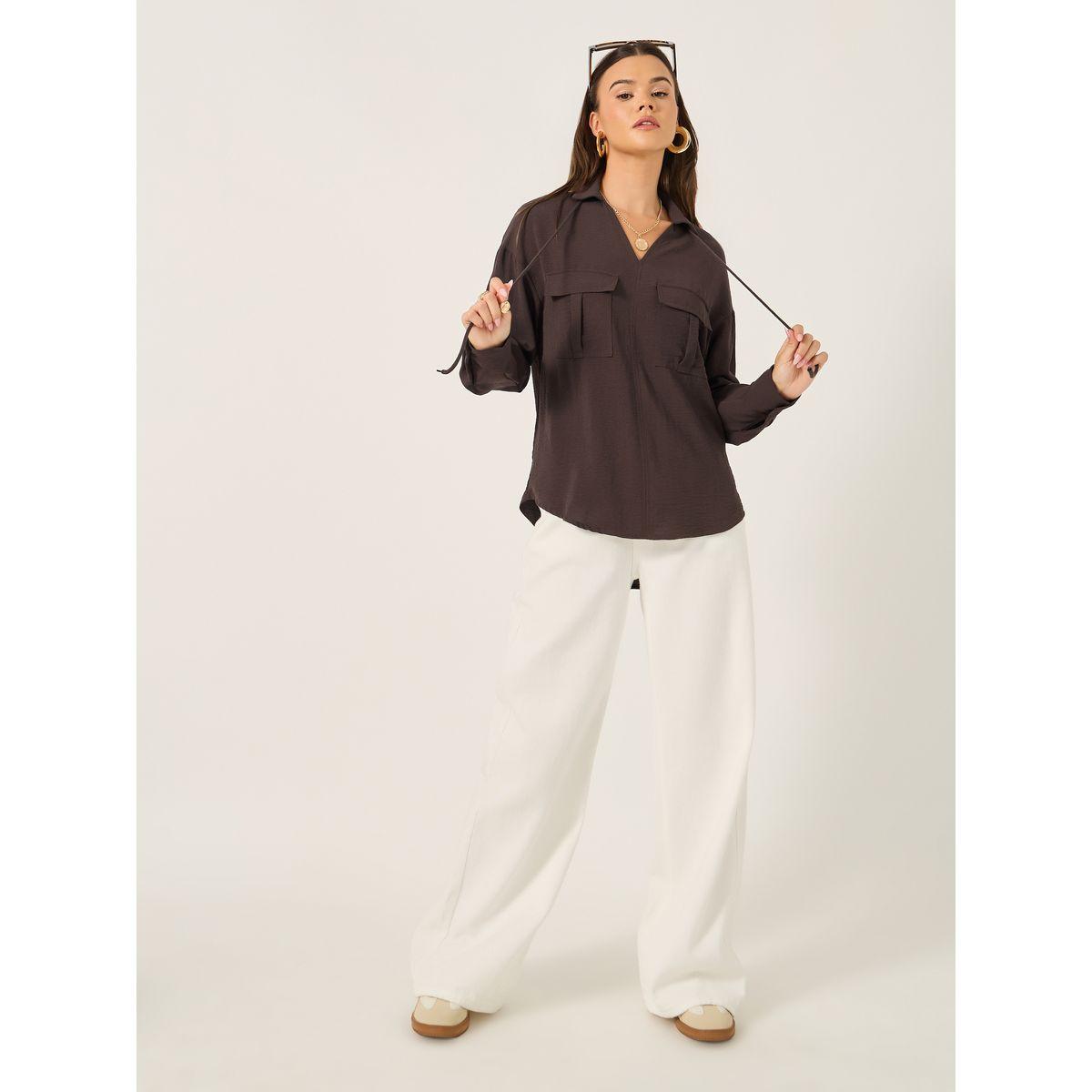 Styli Solid V Neck Blouse with Utility Pockets Detail-women-clothing-shirtsandblouses-blouses-image-2