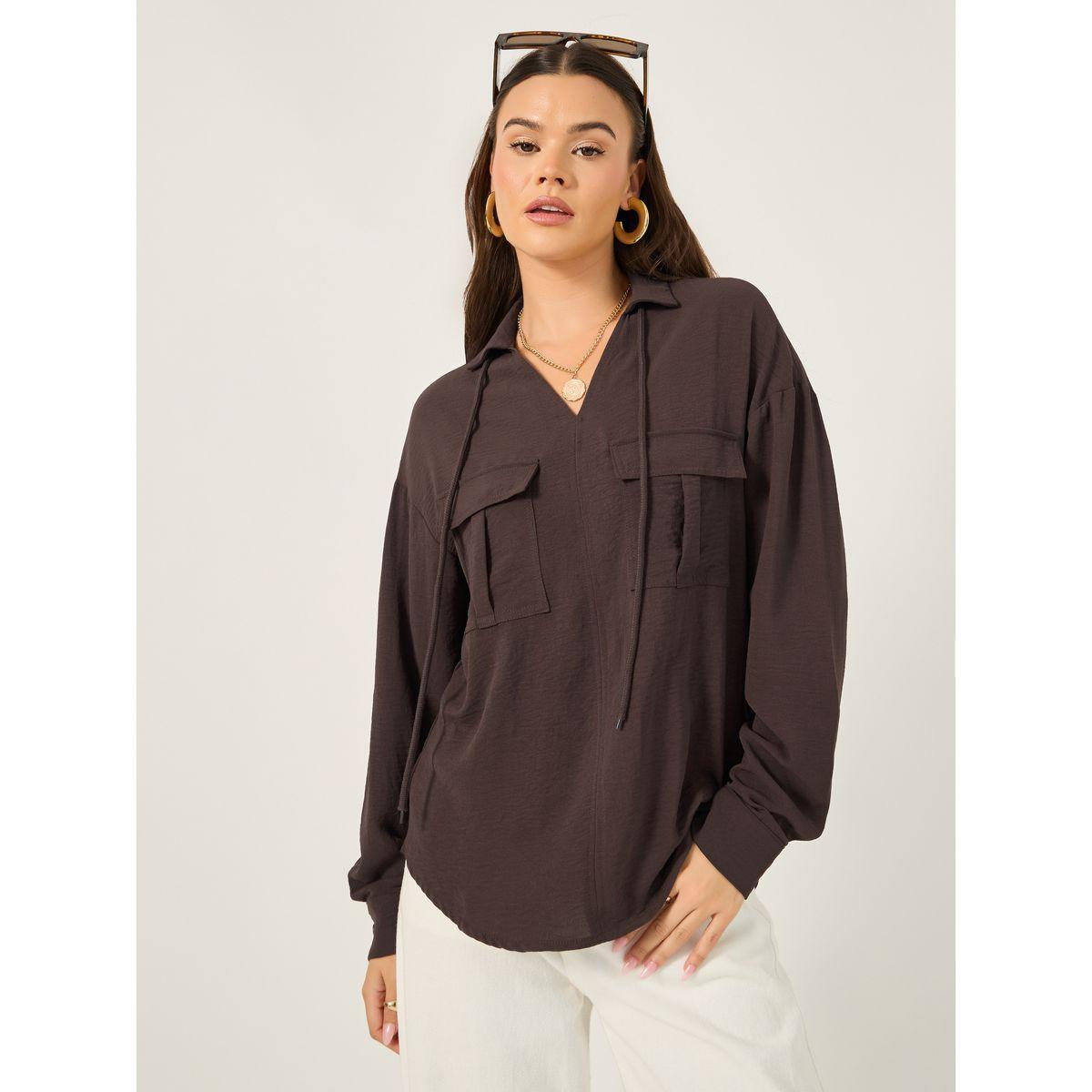 Styli Solid V Neck Blouse with Utility Pockets Detail-women-clothing-shirtsandblouses-blouses-image-3