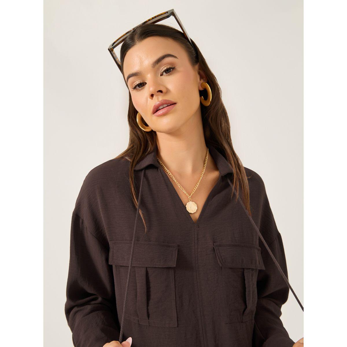 Styli Solid V Neck Blouse with Utility Pockets Detail-women-clothing-shirtsandblouses-blouses-image-4