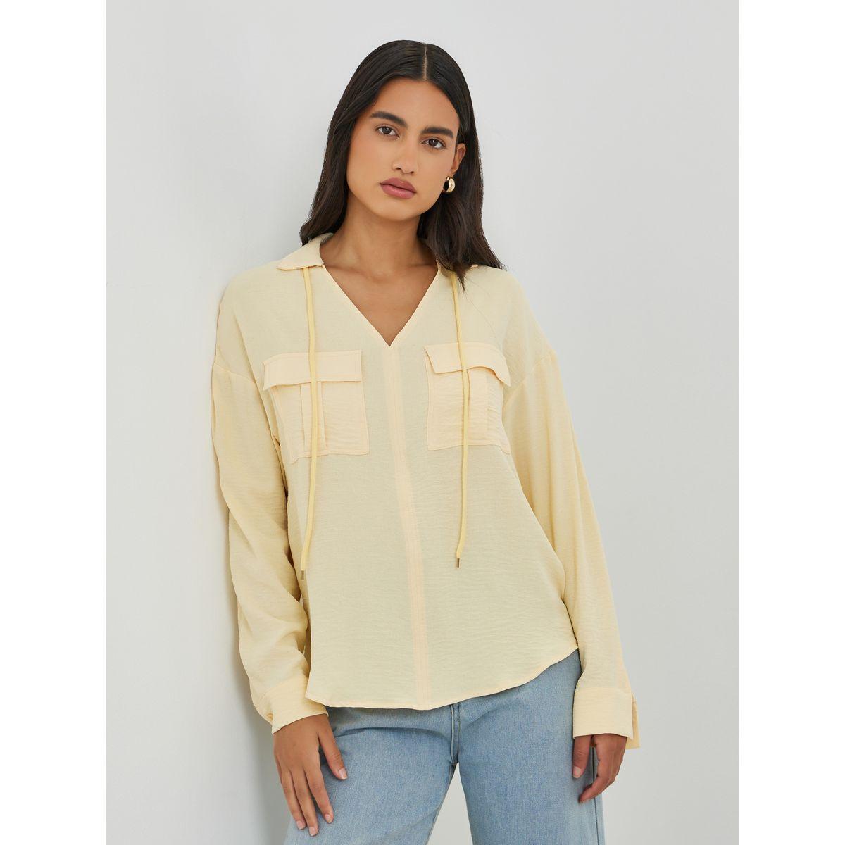 Styli Solid V Neck Blouse with Utility Pockets-women-clothing-shirtsandblouses-blouses-image-1