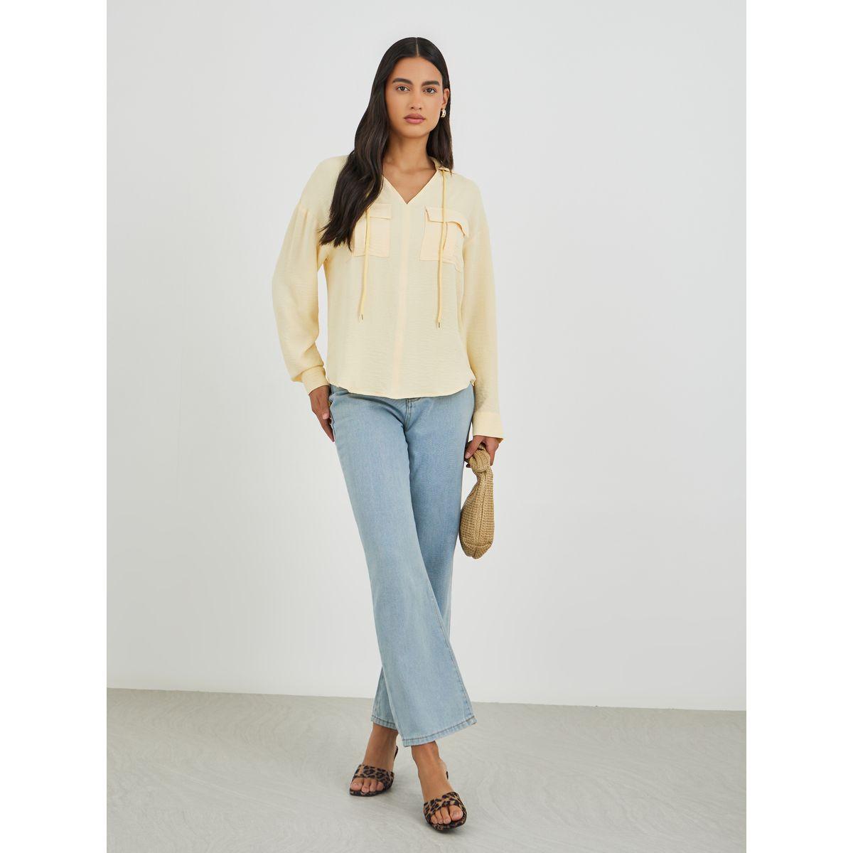 Styli Solid V Neck Blouse with Utility Pockets-women-clothing-shirtsandblouses-blouses-image-2