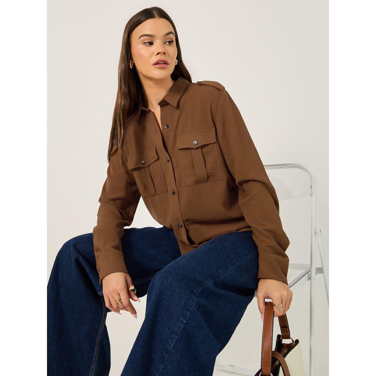 Styli Solid Long Sleeve Shirt with Utility Pocket Detail-women-clothing-shirtsandblouses-shirts-image-1
