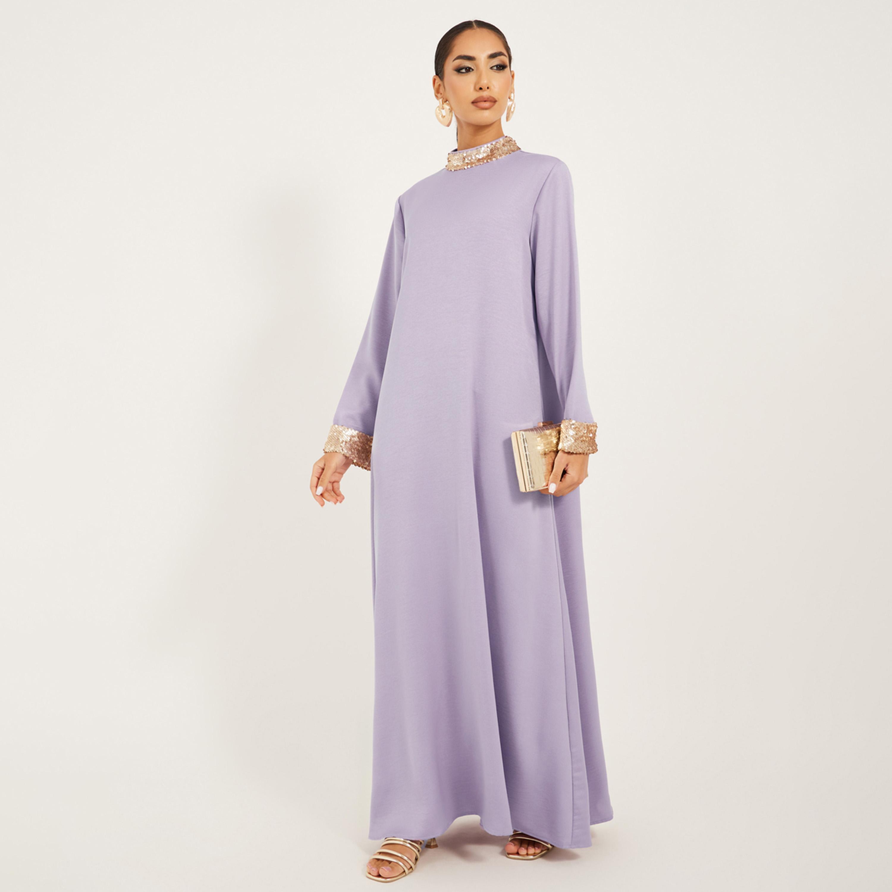 Styli High Neck Full Sleeve Jalabiya With Shimmer Trim-women-arabicclothing-jalabiyas-image-1