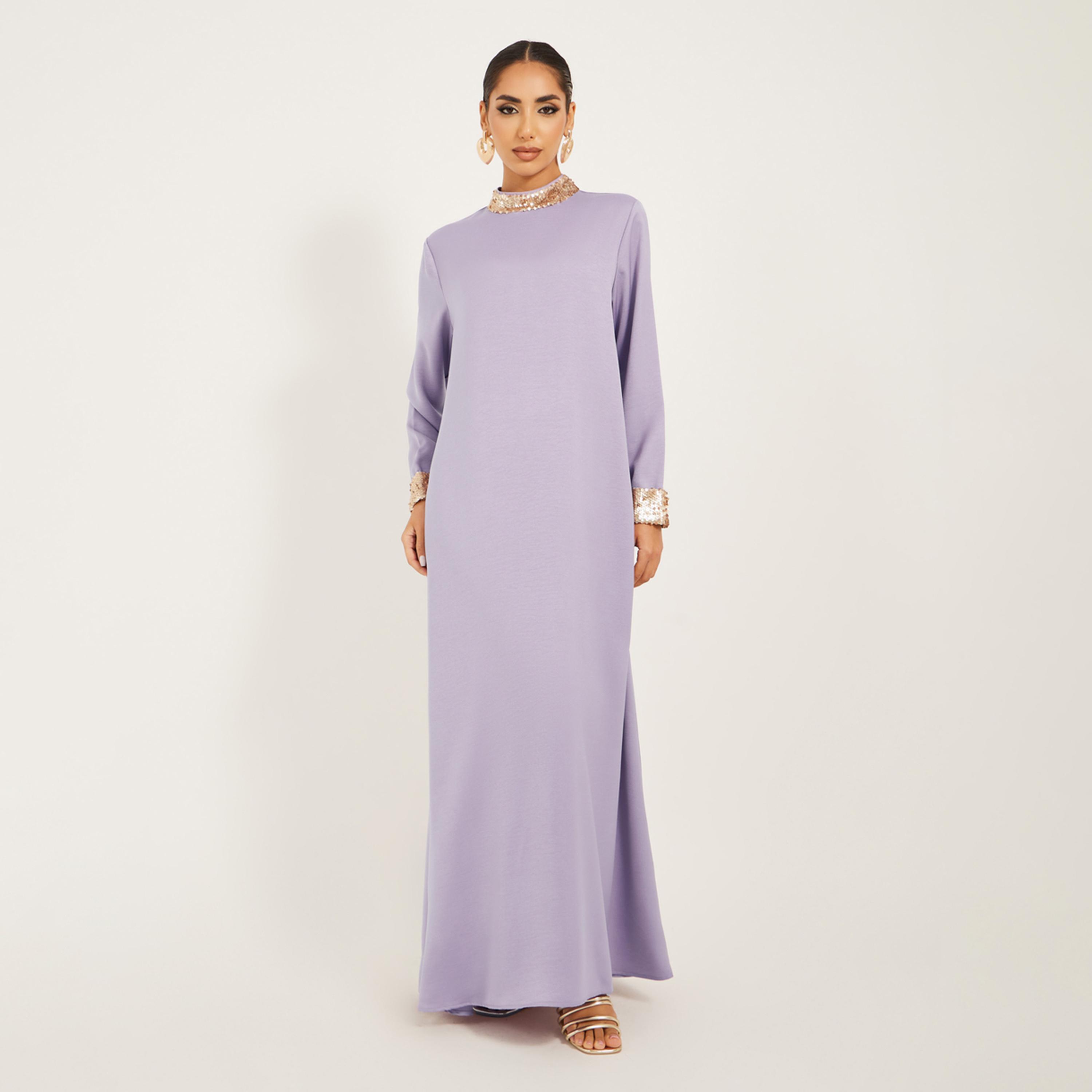 Styli High Neck Full Sleeve Jalabiya With Shimmer Trim-women-arabicclothing-jalabiyas-image-2