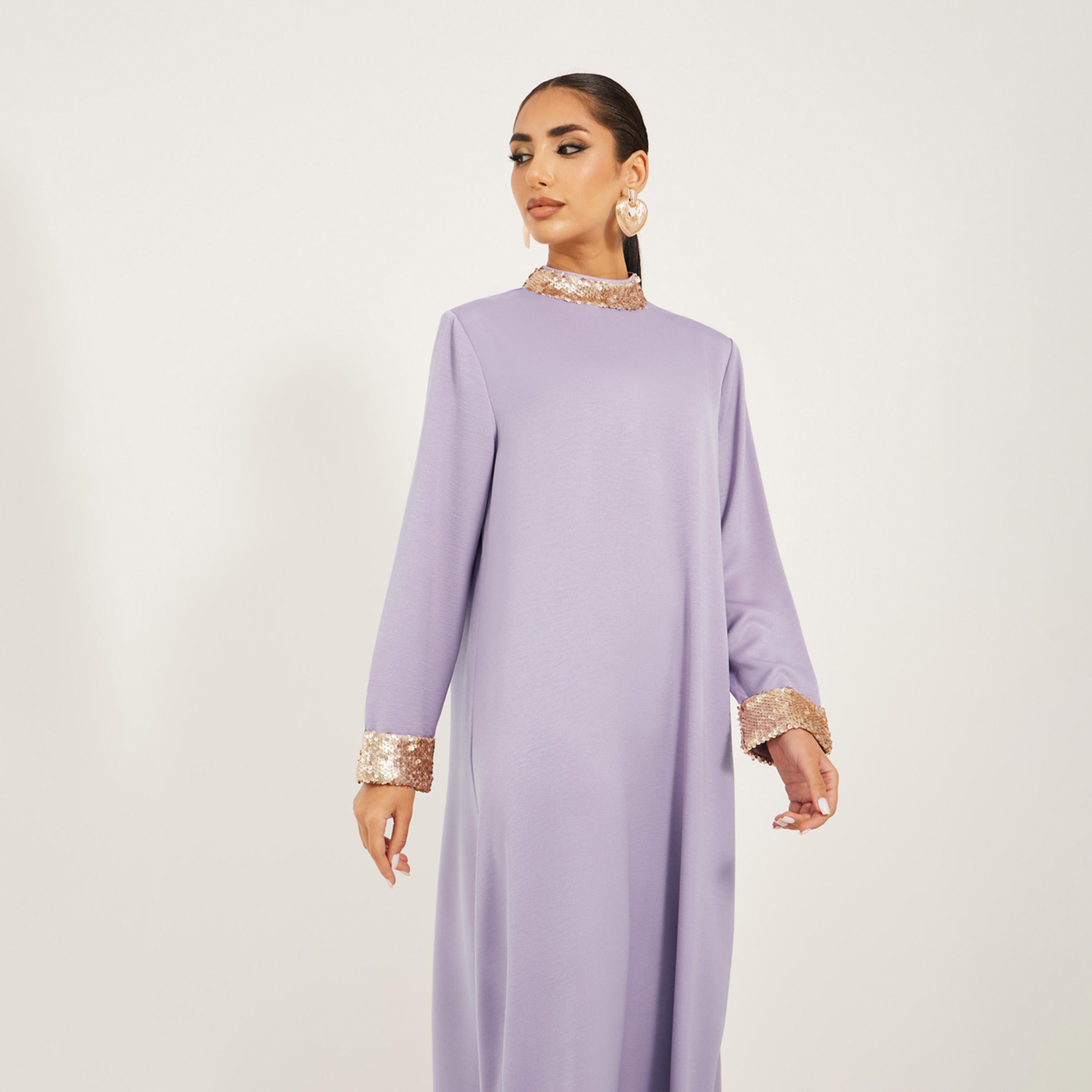 ستايلي - جلابية بأكمام طويلة ورقبة عالية وحواف لامعة-women-arabicclothing-jalabiyas-image-3