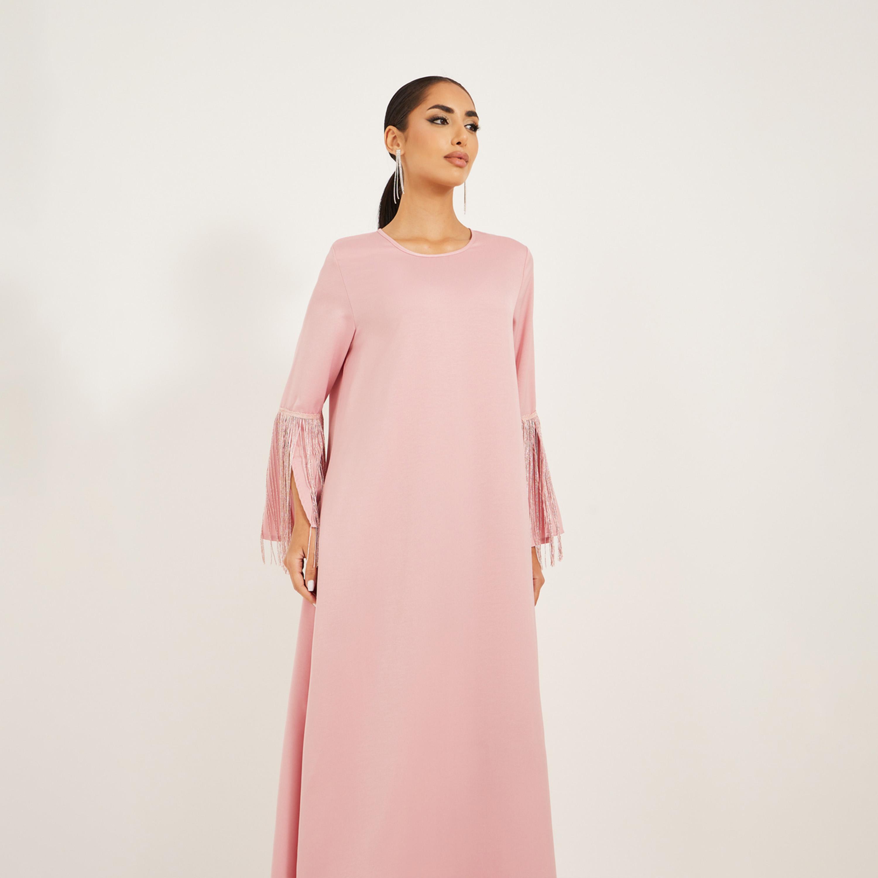 Styli Matte Satin Jalabiya With Tassel Trims At Sleeve Hem-women-arabicclothing-jalabiyas-image-3