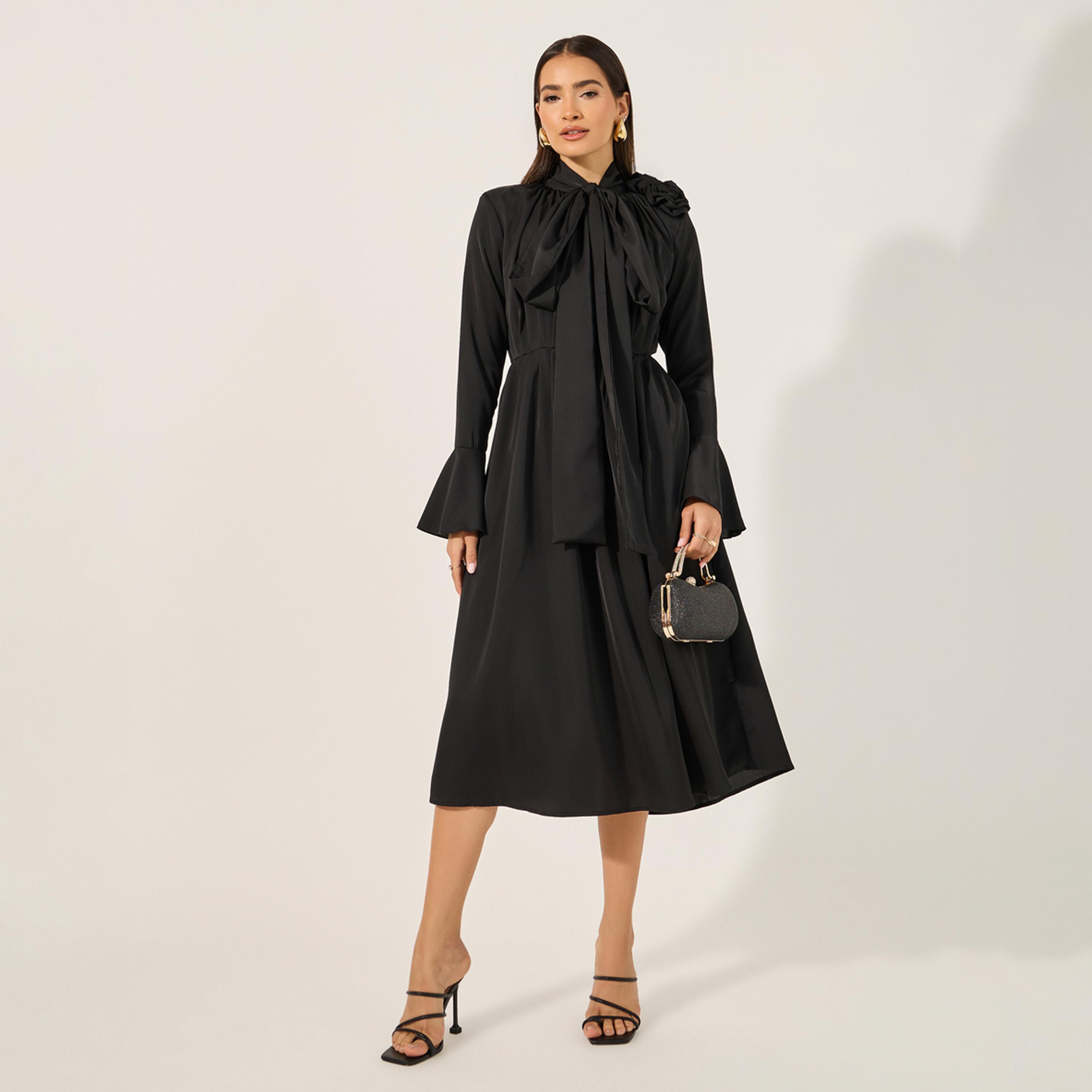 Styli Plain Long Sleeves A-Line Midi Dress-women-clothing-dresses-image-1