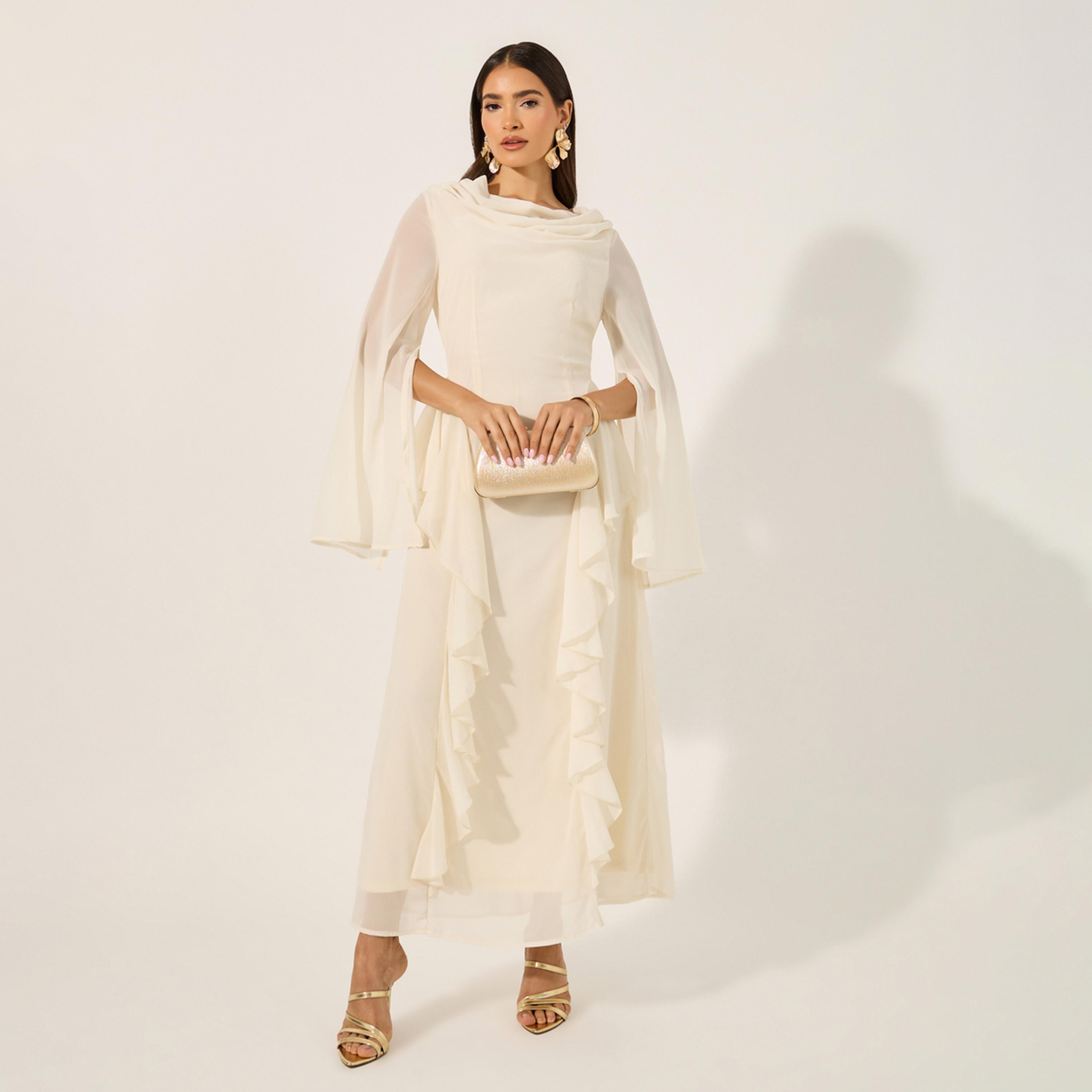ستايلي - فستان ماكسي بأكمام طويلة وقصة حرف A مع كشكشة بسيطة-women-clothing-dresses-image-1