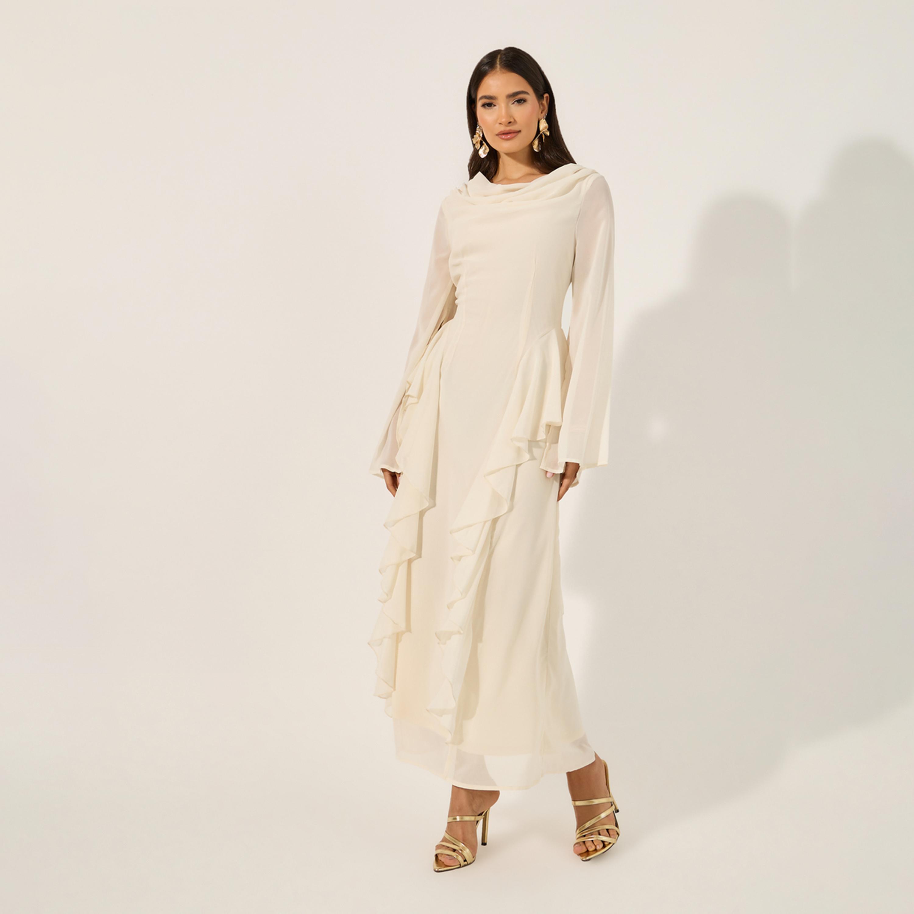 Styli Plain Ruffle Detail Long Sleeves A-Line Maxi Dress-women-clothing-dresses-image-2