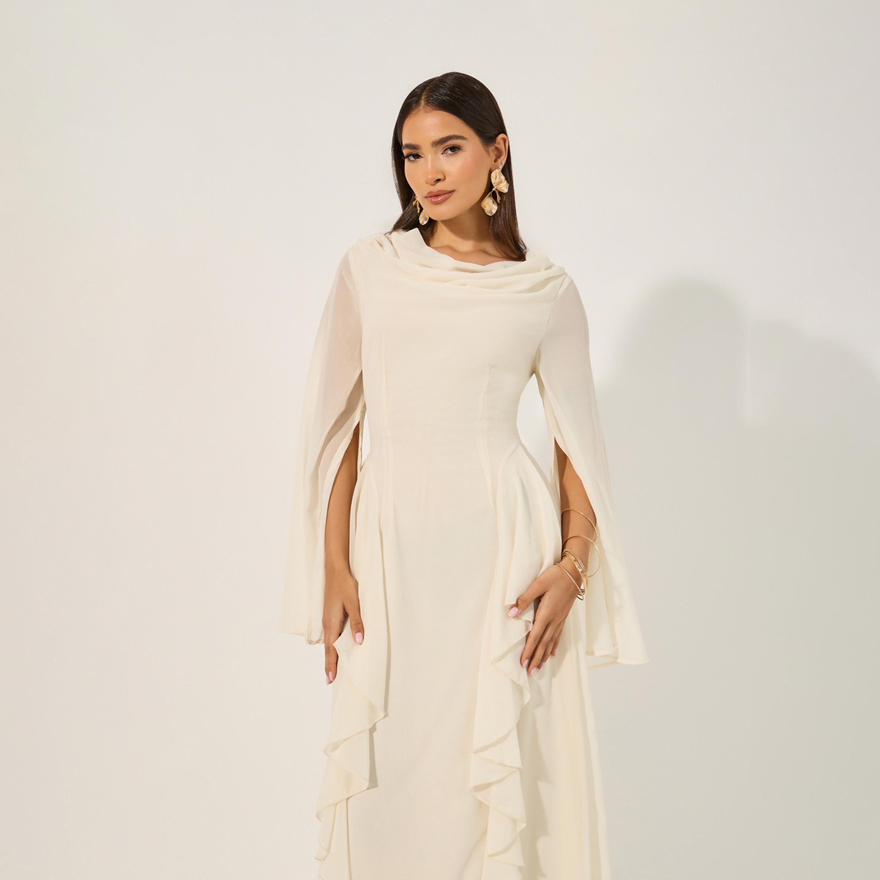 ستايلي - فستان ماكسي بأكمام طويلة وقصة حرف A مع كشكشة بسيطة-women-clothing-dresses-image-3