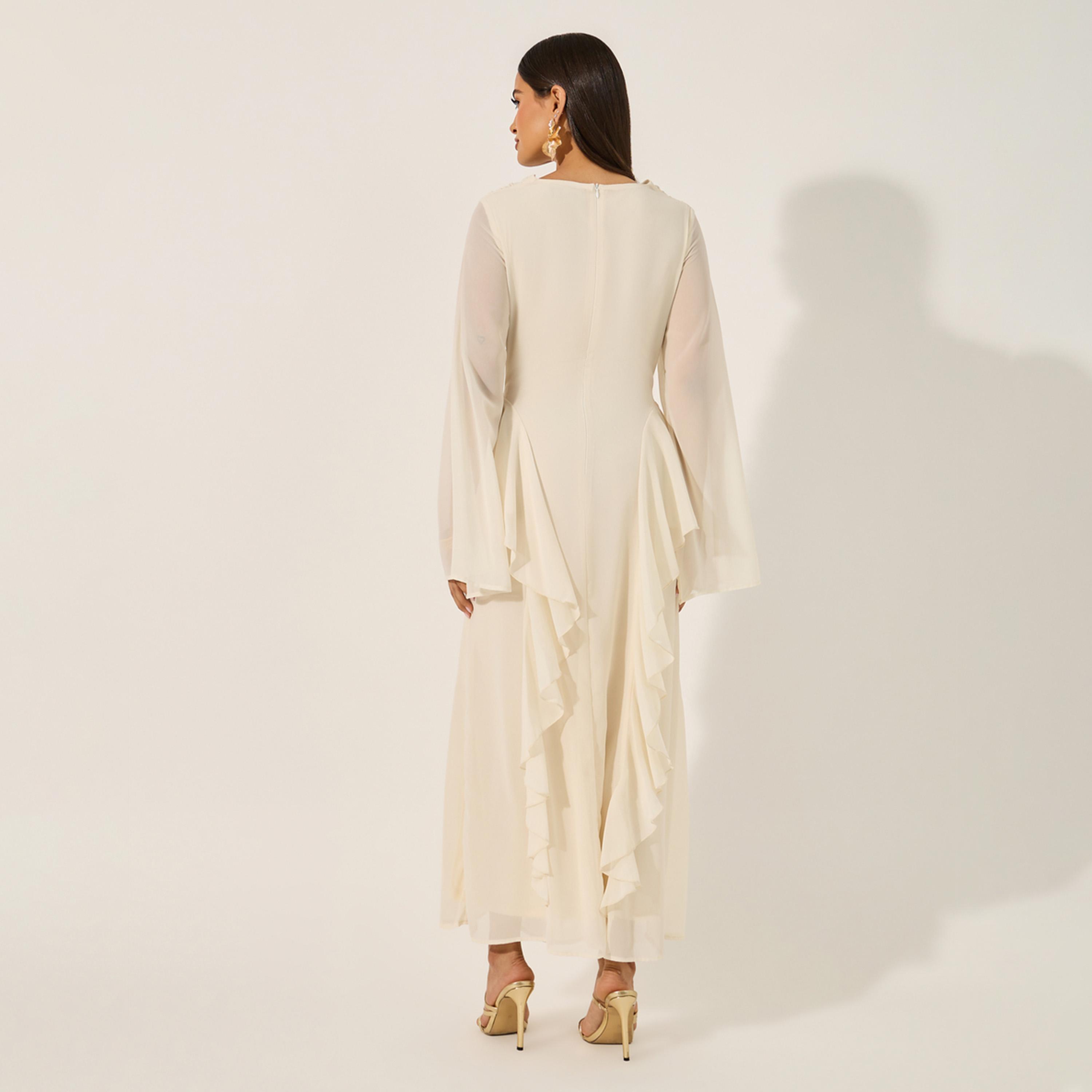 Styli Plain Ruffle Detail Long Sleeves A-Line Maxi Dress-women-clothing-dresses-image-5