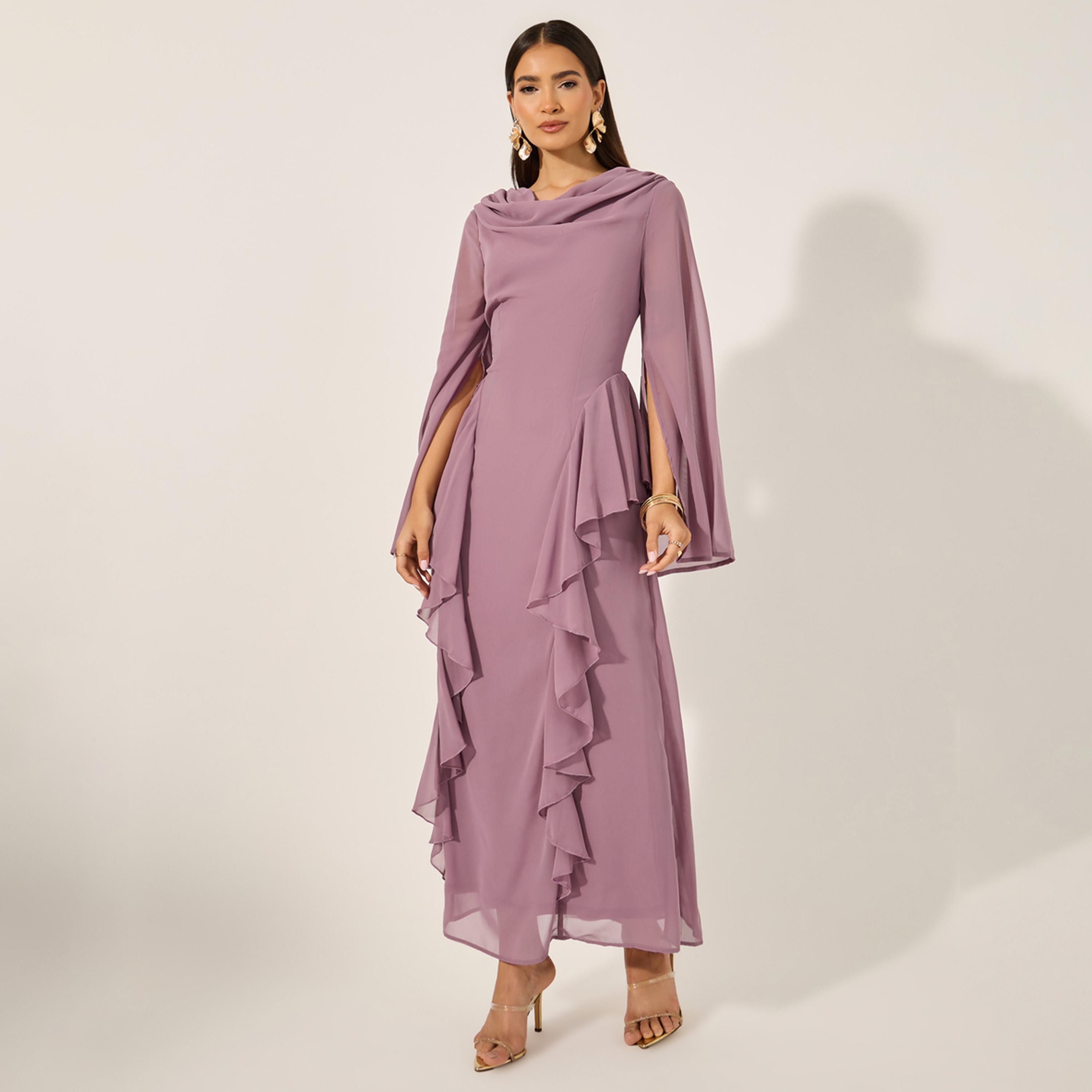 Styli Plain Ruffle Detail Long Sleeves A-Line Maxi Dress-women-clothing-dresses-image-1