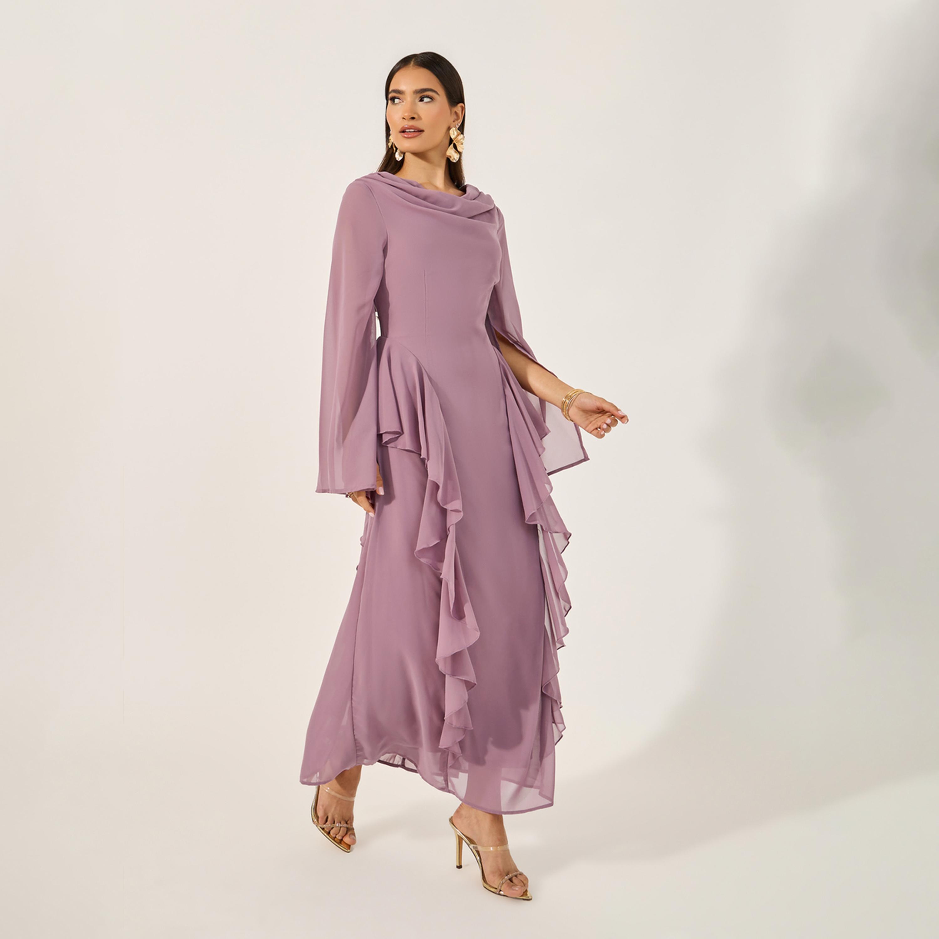 ستايلي - فستان ماكسي بأكمام طويلة وقصة حرف A مع كشكشة بسيطة-women-clothing-dresses-image-2