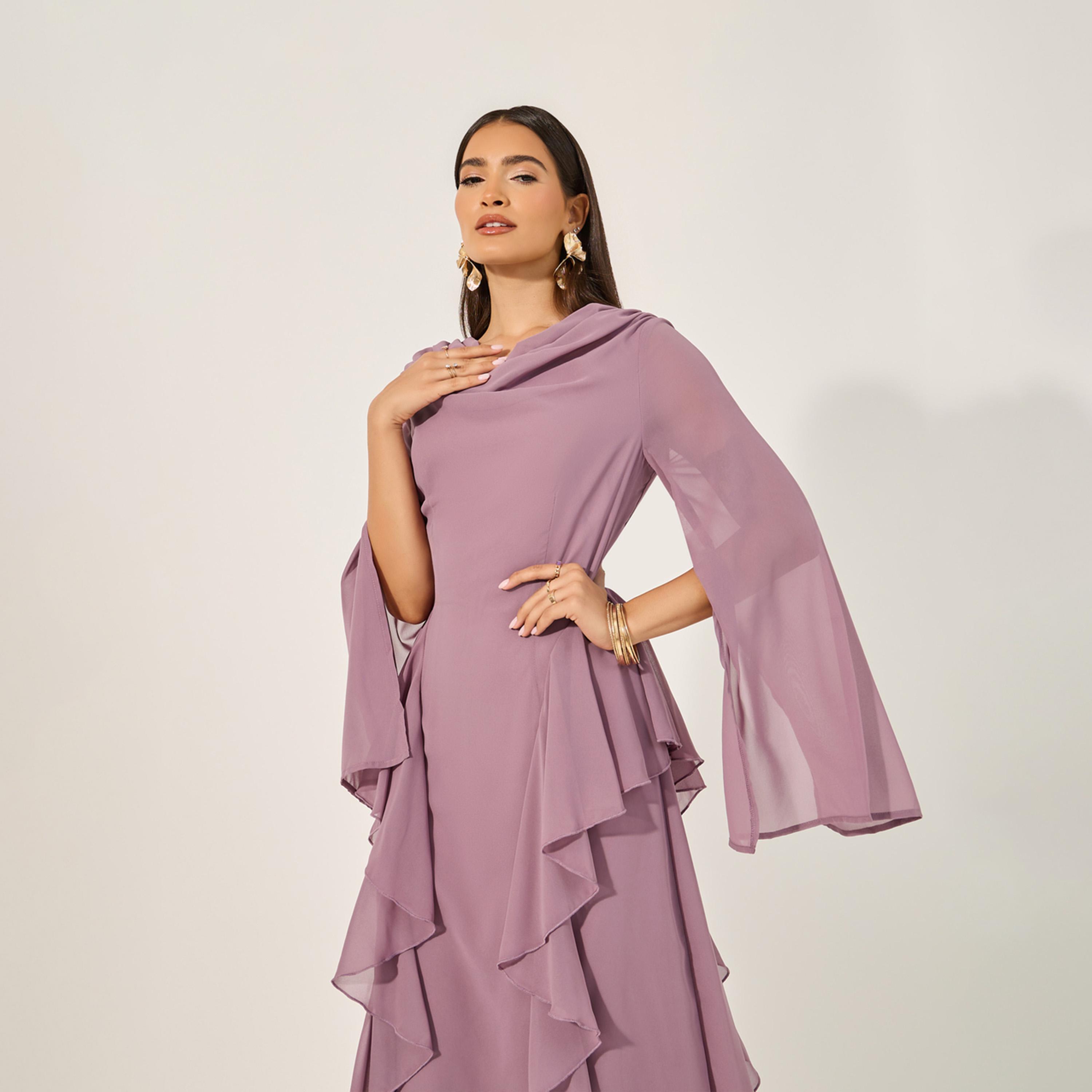 ستايلي - فستان ماكسي بأكمام طويلة وقصة حرف A مع كشكشة بسيطة-women-clothing-dresses-image-3