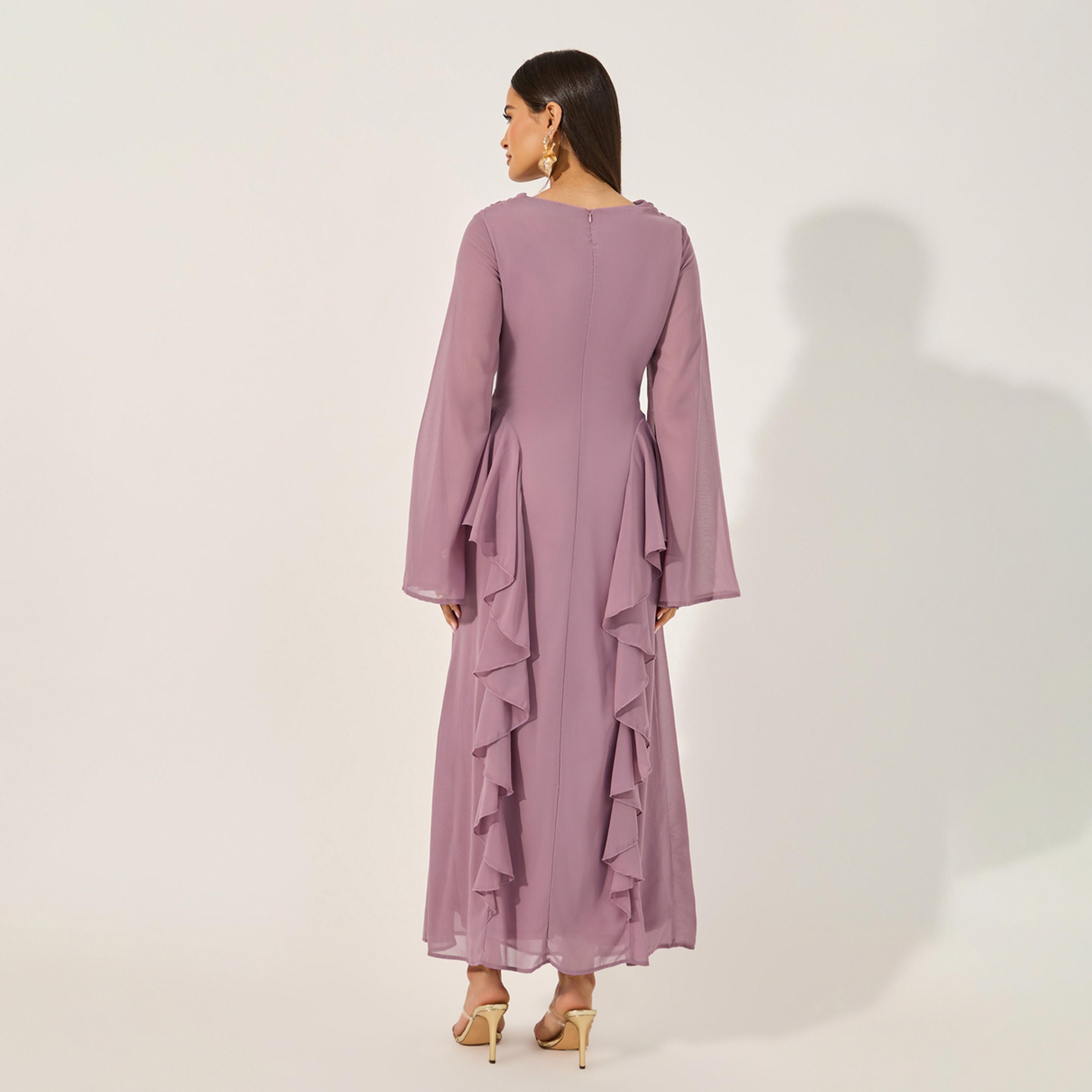 Styli Plain Ruffle Detail Long Sleeves A-Line Maxi Dress-women-clothing-dresses-image-5